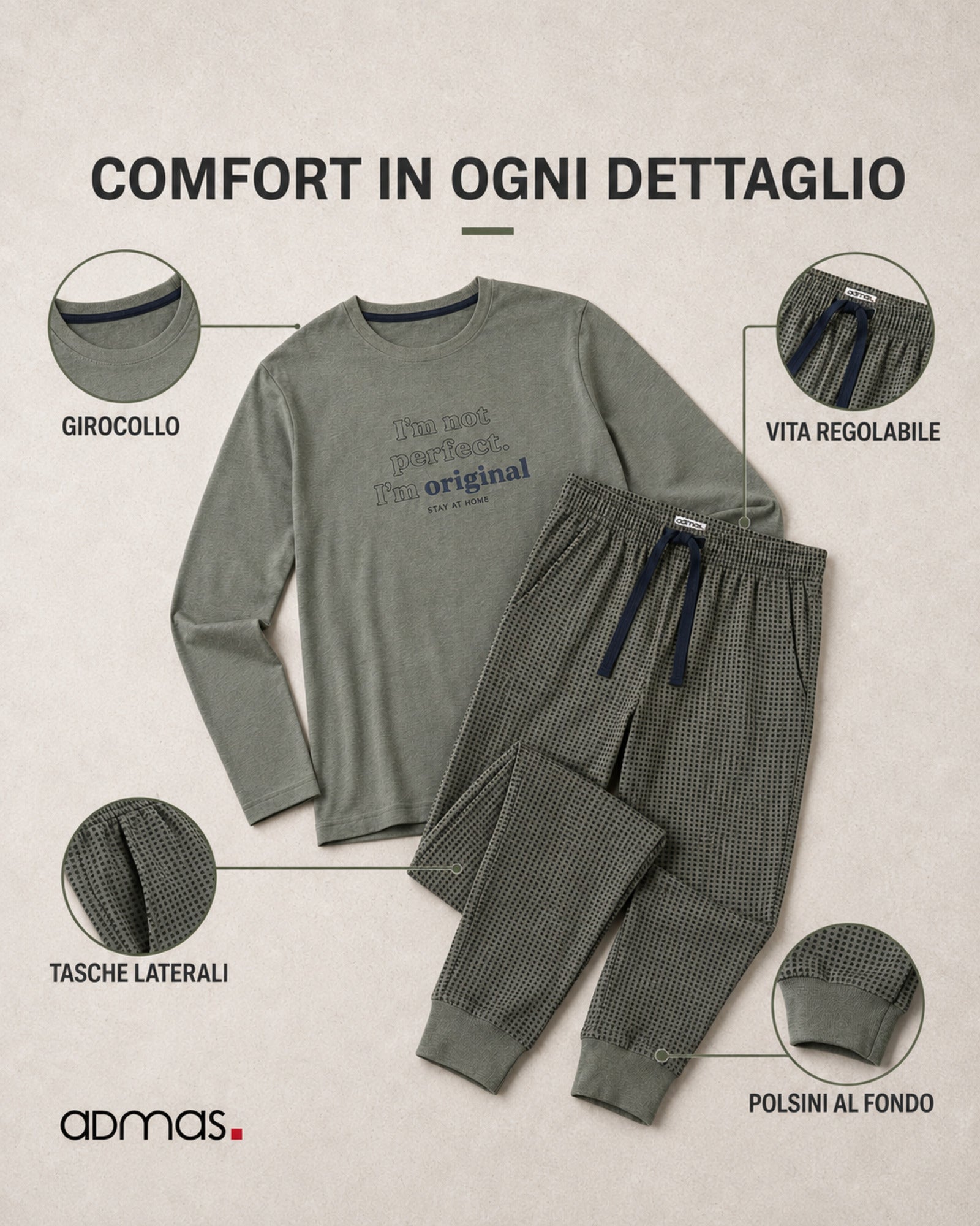 Pigiama Admas 56571 con maglia girocollo, tasche laterali, vita regolabile e polsini