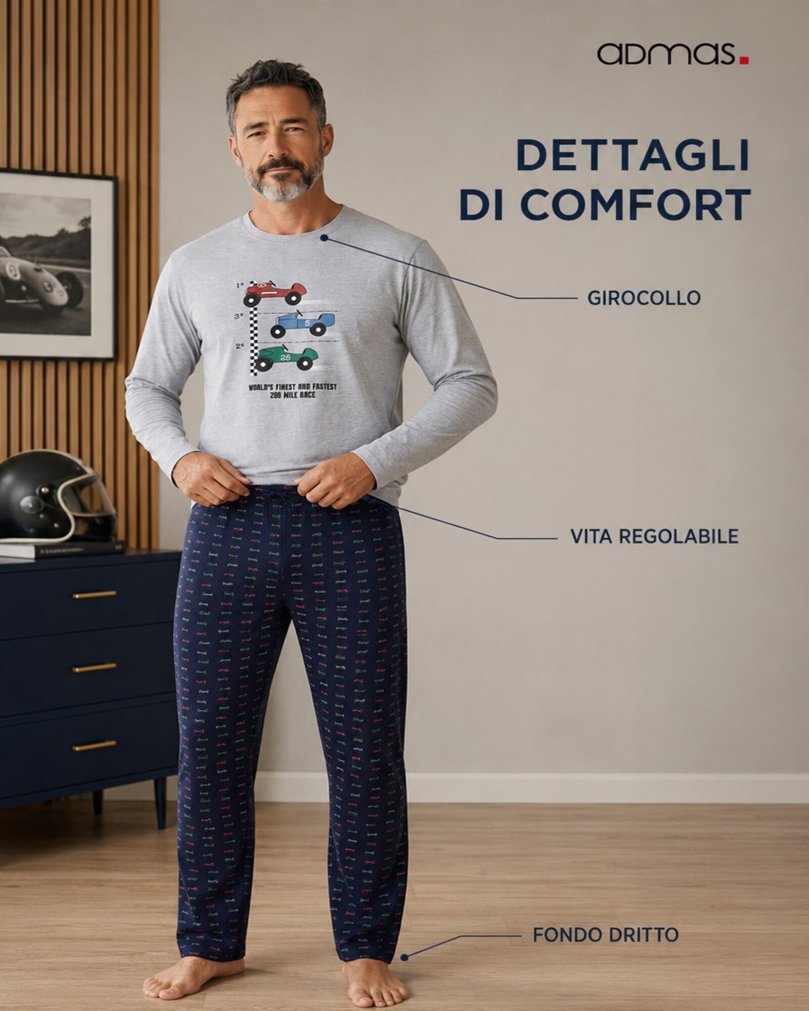 Pigiama Admas 60316 con maglia girocollo, pantalone a vita regolabile e fondo dritto