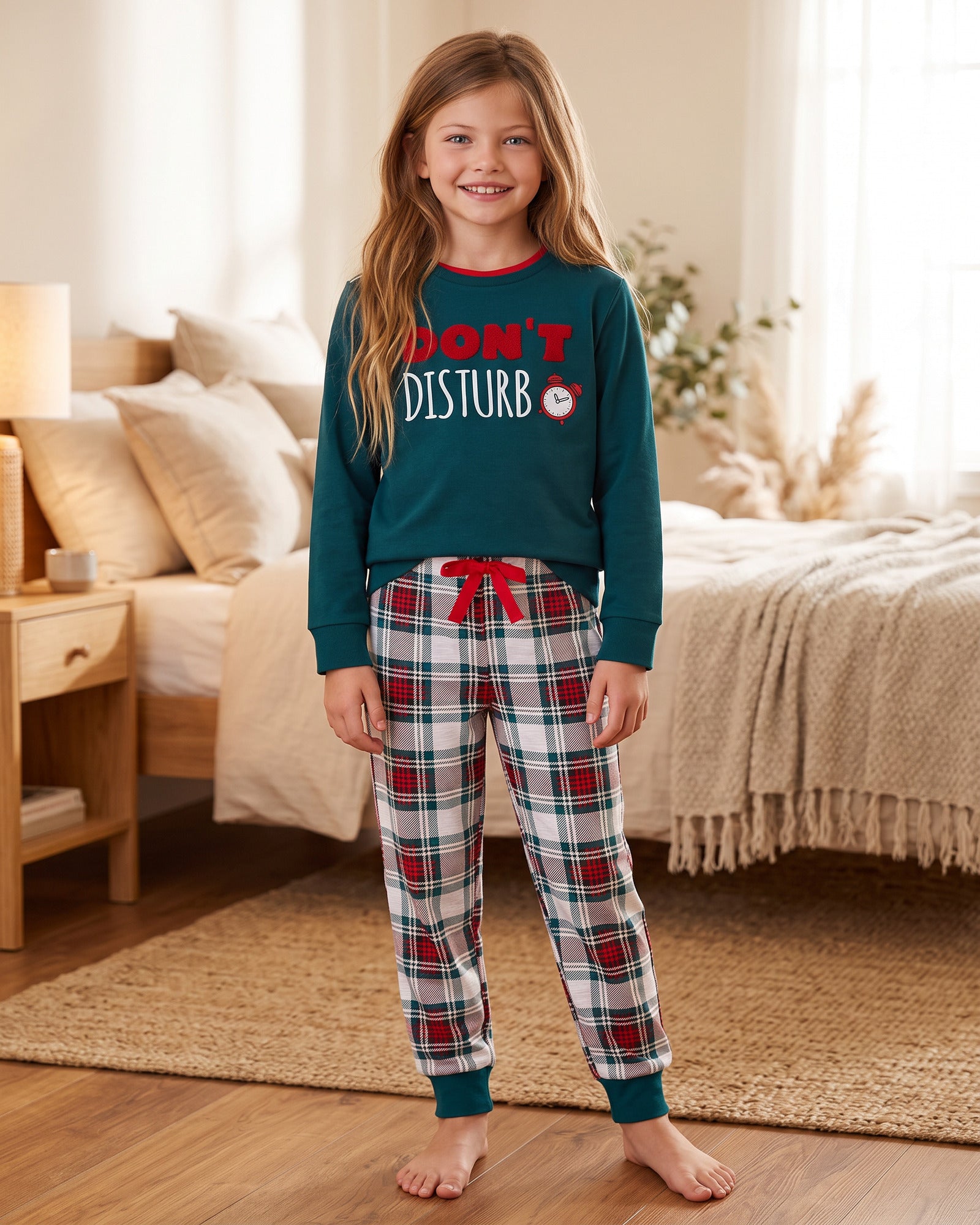 Pigiama bambina Admas 55215 in caldo cotone verde con pantalone scozzese indossato
