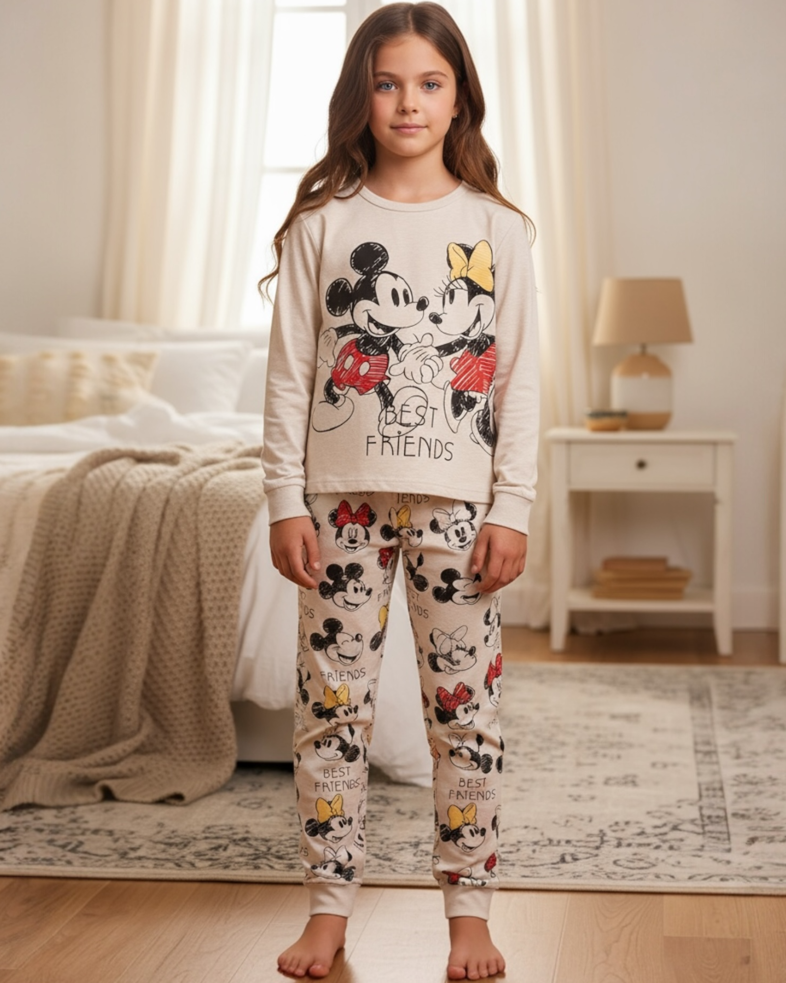 Pigiama bambina Disney 56470 in caldo cotone con Mickey e Minnie Best Friends indossato