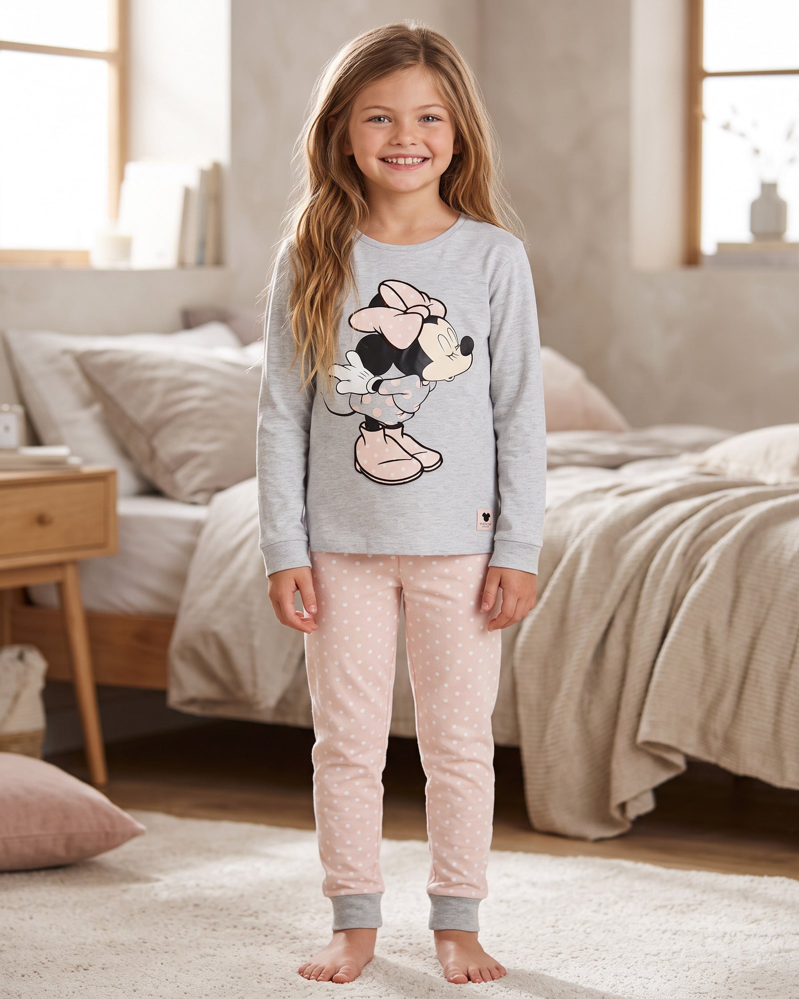 Pigiama bambina Disney Minnie Mouse 56464 in caldo cotone grigio e rosa indossato