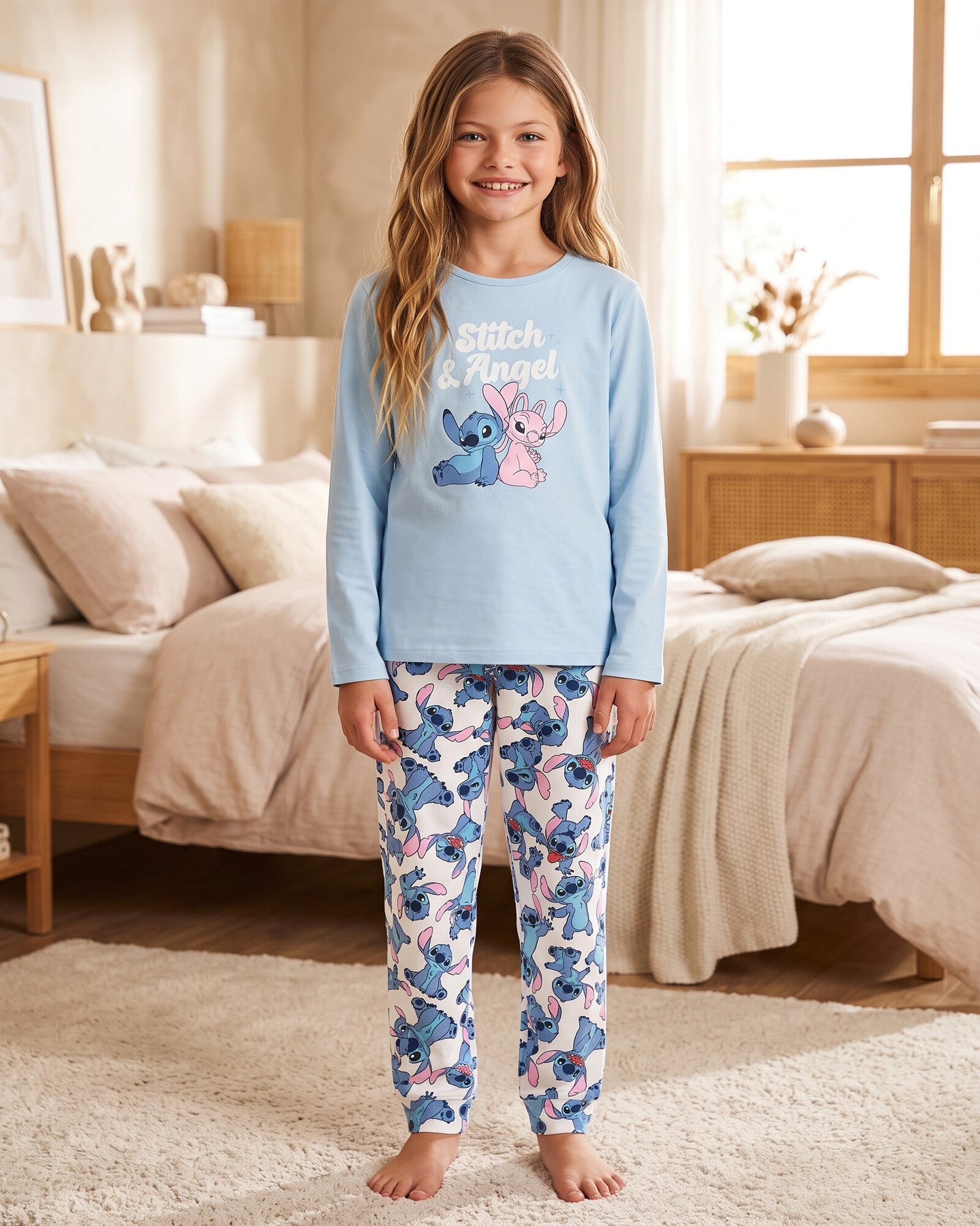Pigiama bambina Disney Stitch & Angel 63266 in caldo cotone azzurro indossato