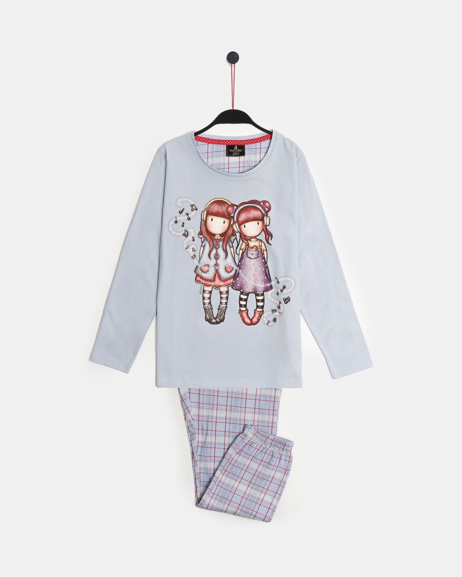Completo pigiama Santoro Gorjuss 56621 con maglia celeste e pantalone lungo scozzese