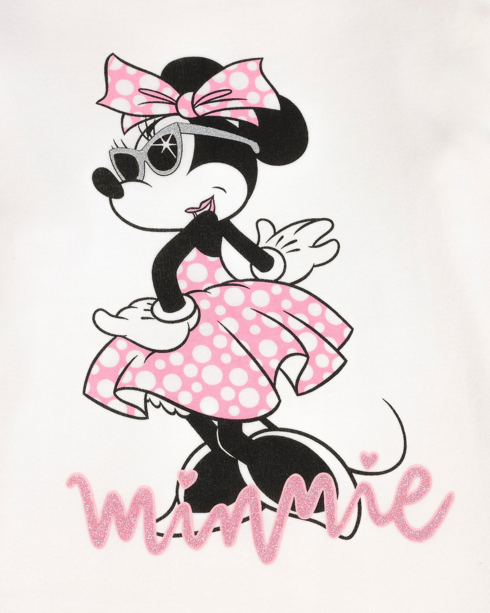 Dettaglio stampa Minnie Mouse con abito rosa e scritta glitter del pigiama Disney 62266