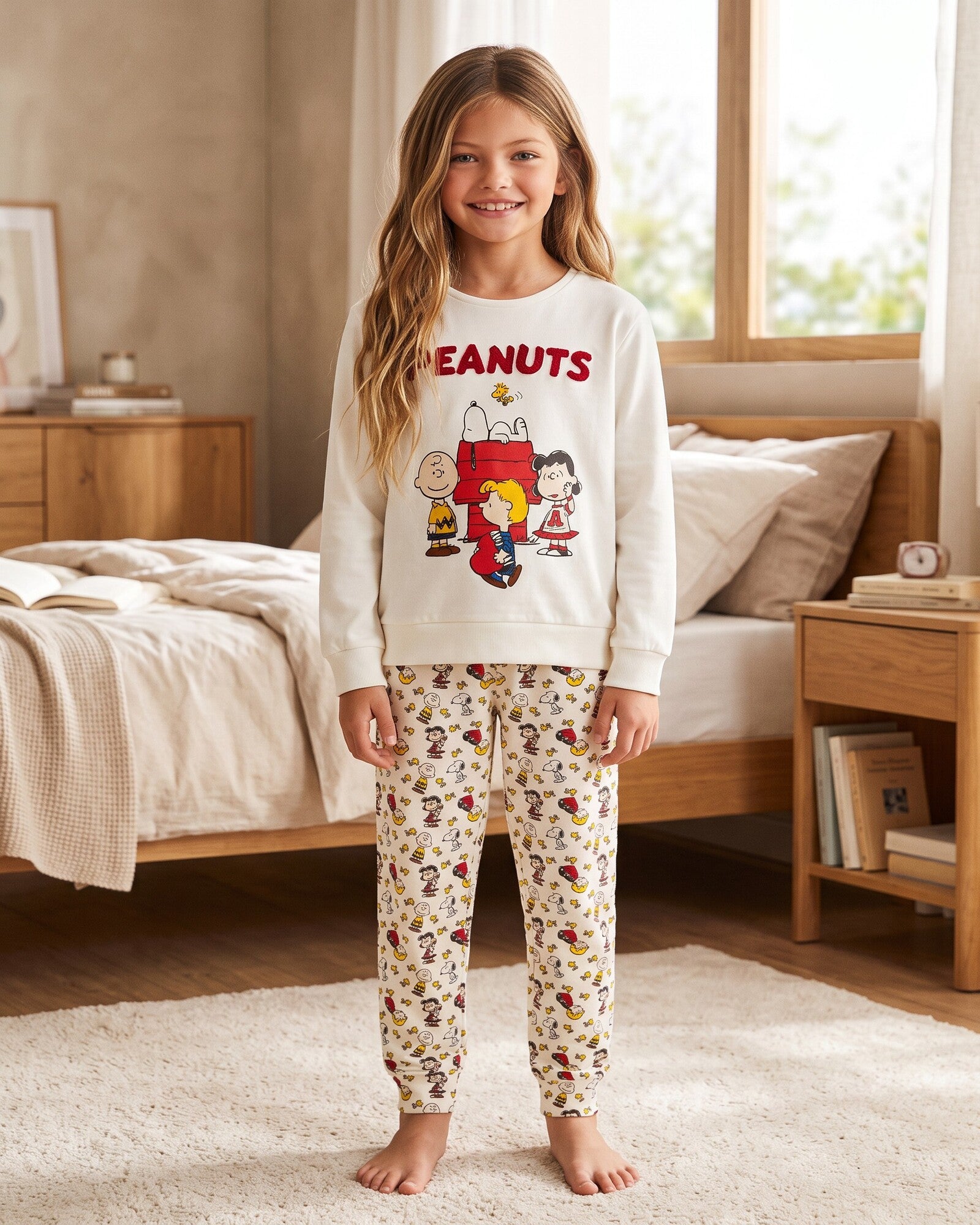 Pigiama bambina Peanuts Snoopy in caldo cotone crudo Art. 64466 indossato