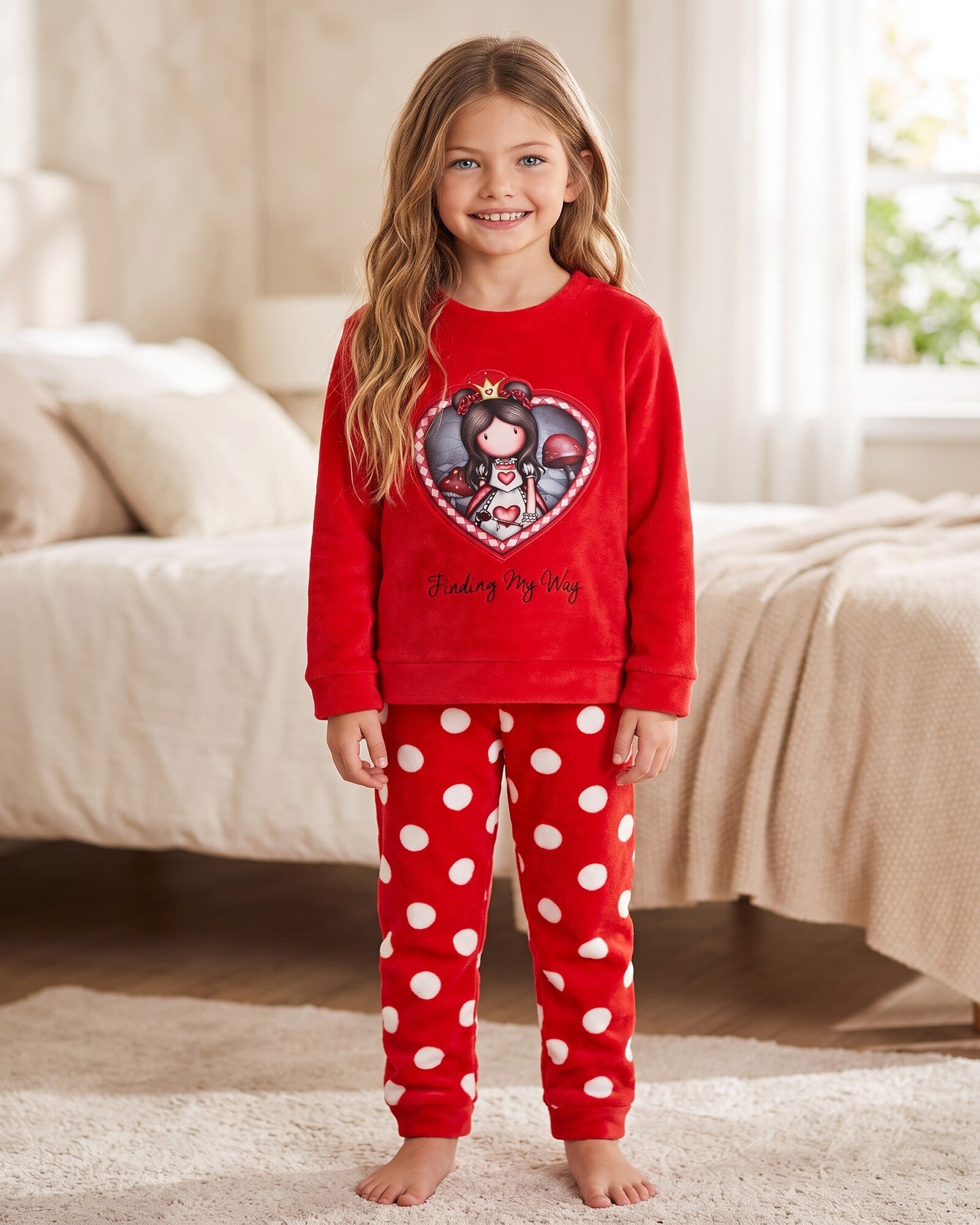 Pigiama bambina Santoro Gorjuss 56618 Finding My Way rosso in coral fleece indossato
