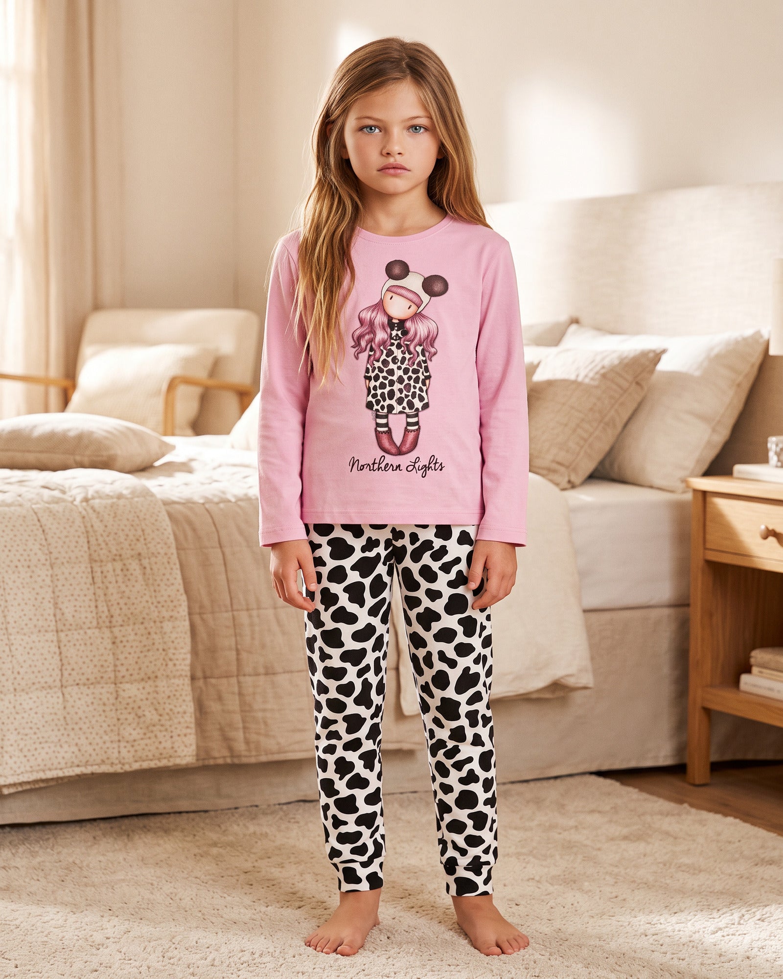 Pigiama bambina Santoro Gorjuss 56626 Northern Lights rosa con pantalone maculato indossato