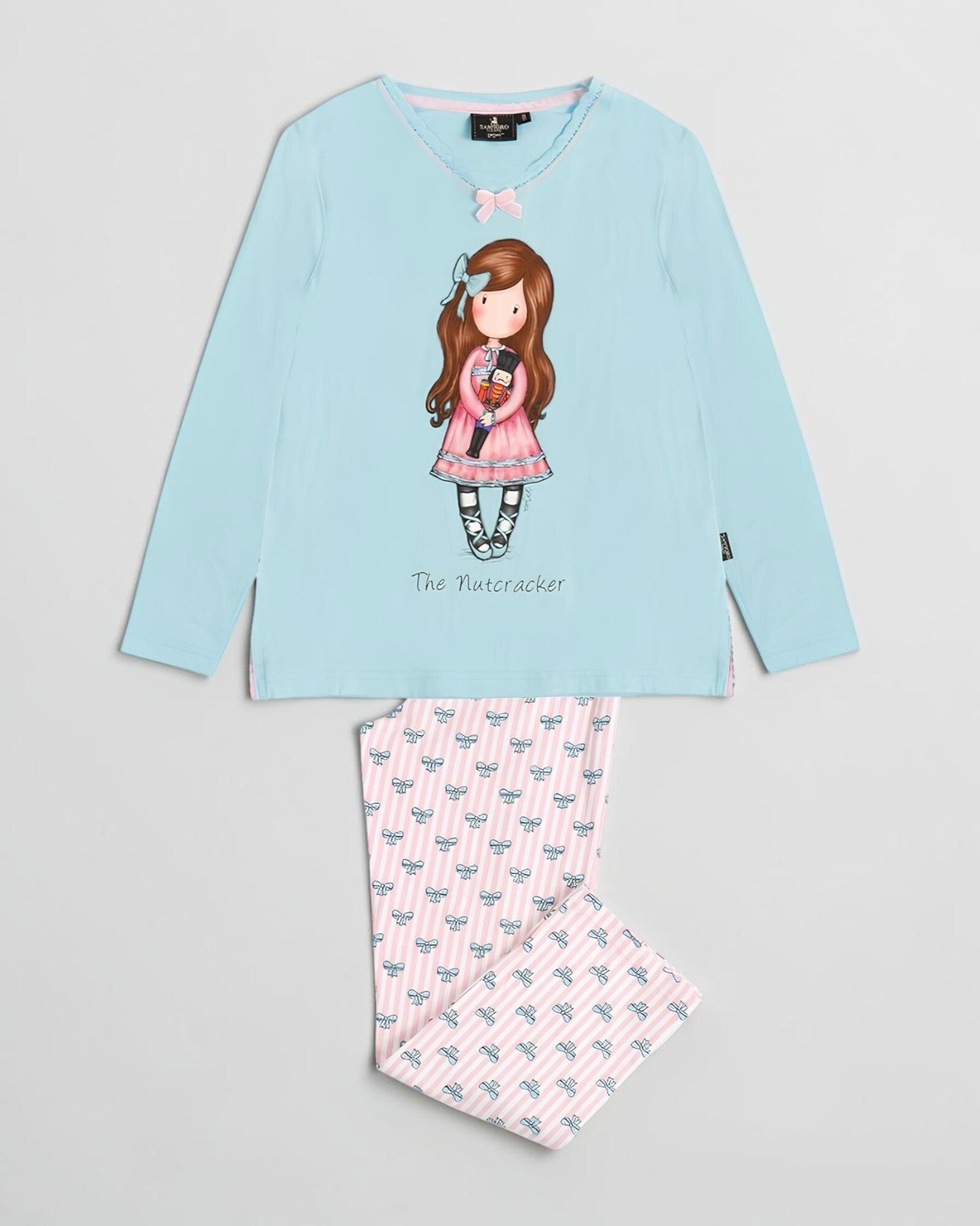 Completo Pigiama Bambina Santoro Gorjuss 60837 con maglia celeste Schiaccianoci e pantalone rosa