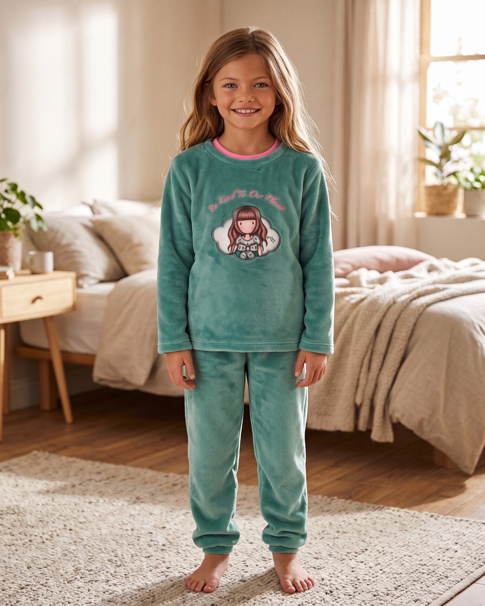 Pigiama bambina Santoro Gorjuss Art. 62414 in coral fleece verde acqua Be Kind To Our Planet