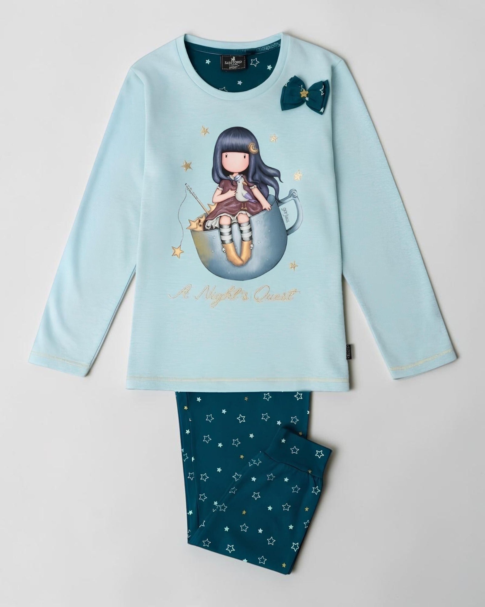 Completo Pigiama Bambina Santoro Gorjuss 63408 con maglia celeste e pantalone blu a stelle