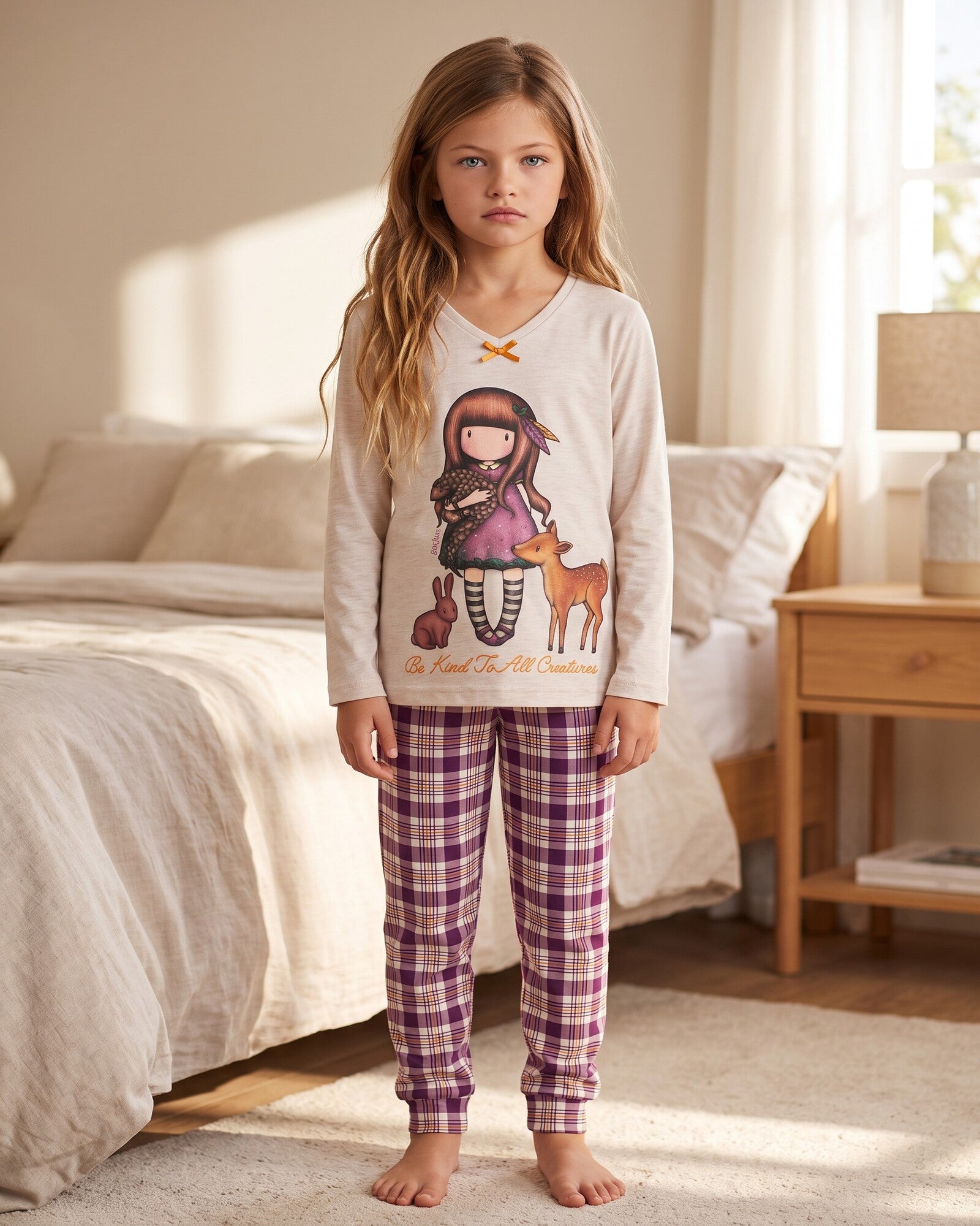 Pigiama bambina Santoro Gorjuss 63409 Be Kind to All Creatures rosa e prugna indossato