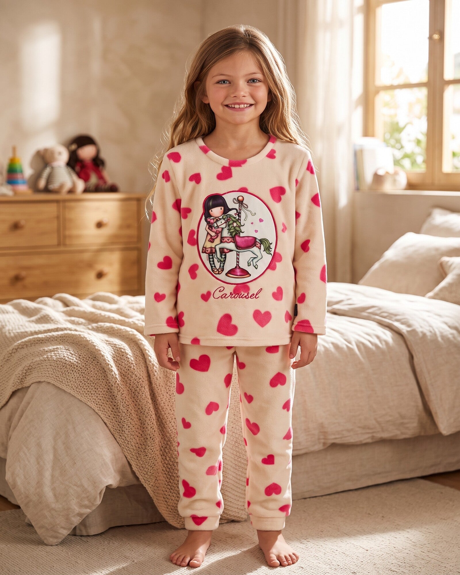 Pigiama bambina Santoro Gorjuss Carousel Art. 62410 in coral fleece con cuori rosa
