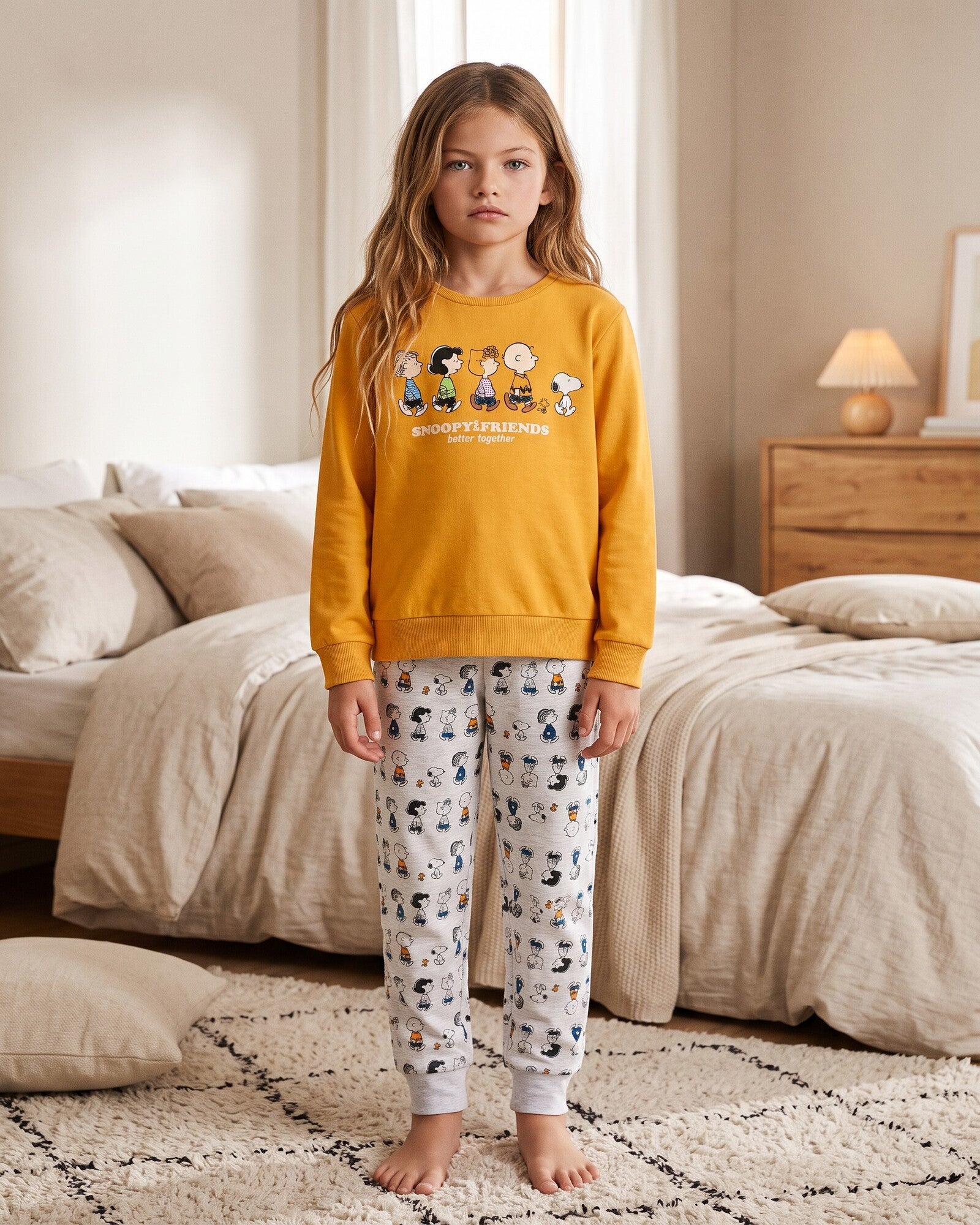 Pigiama bambina Snoopy Peanuts 63458 in caldo cotone senape indossato