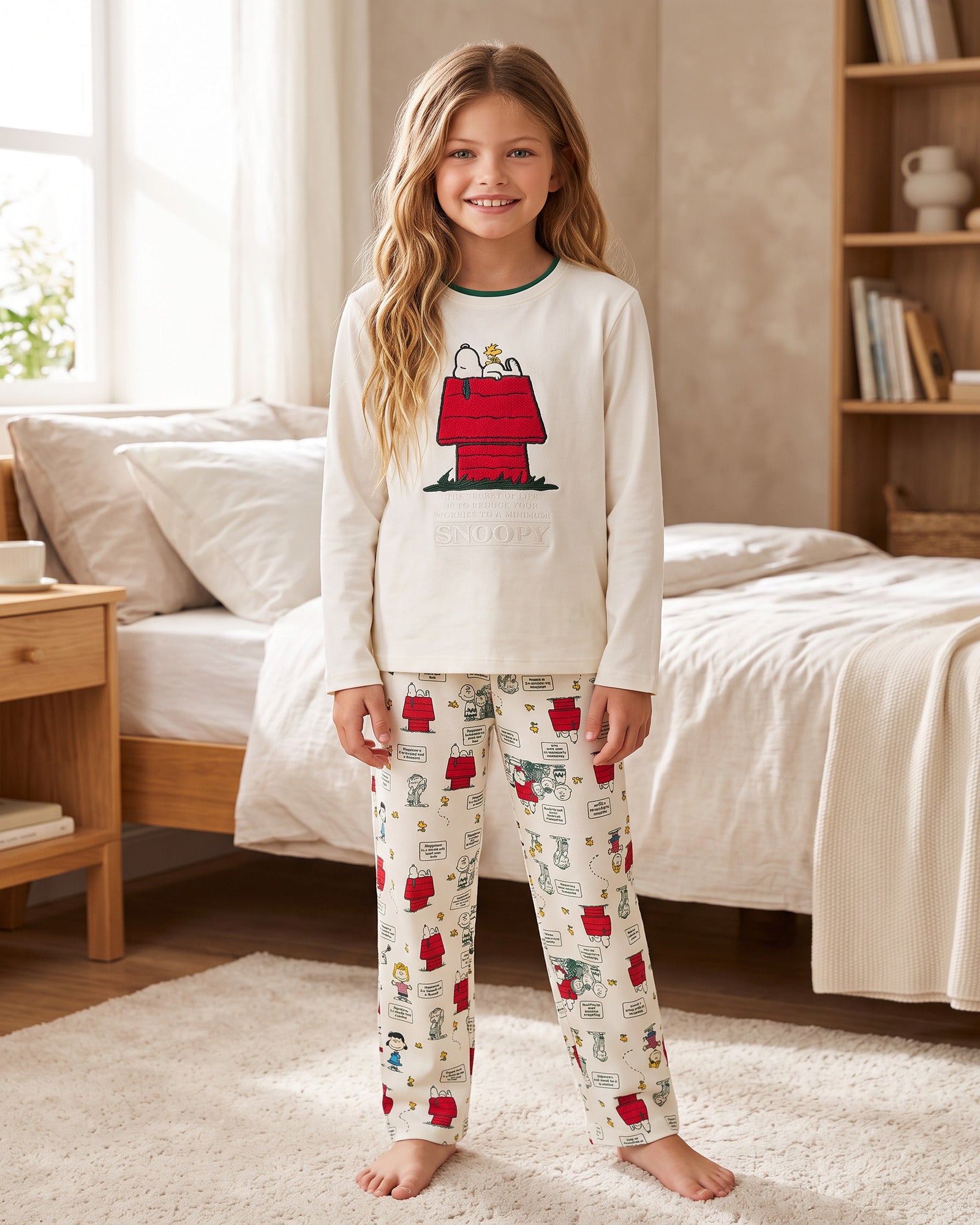 Pigiama bambina Snoopy Peanuts 63462 in caldo cotone écru indossato
