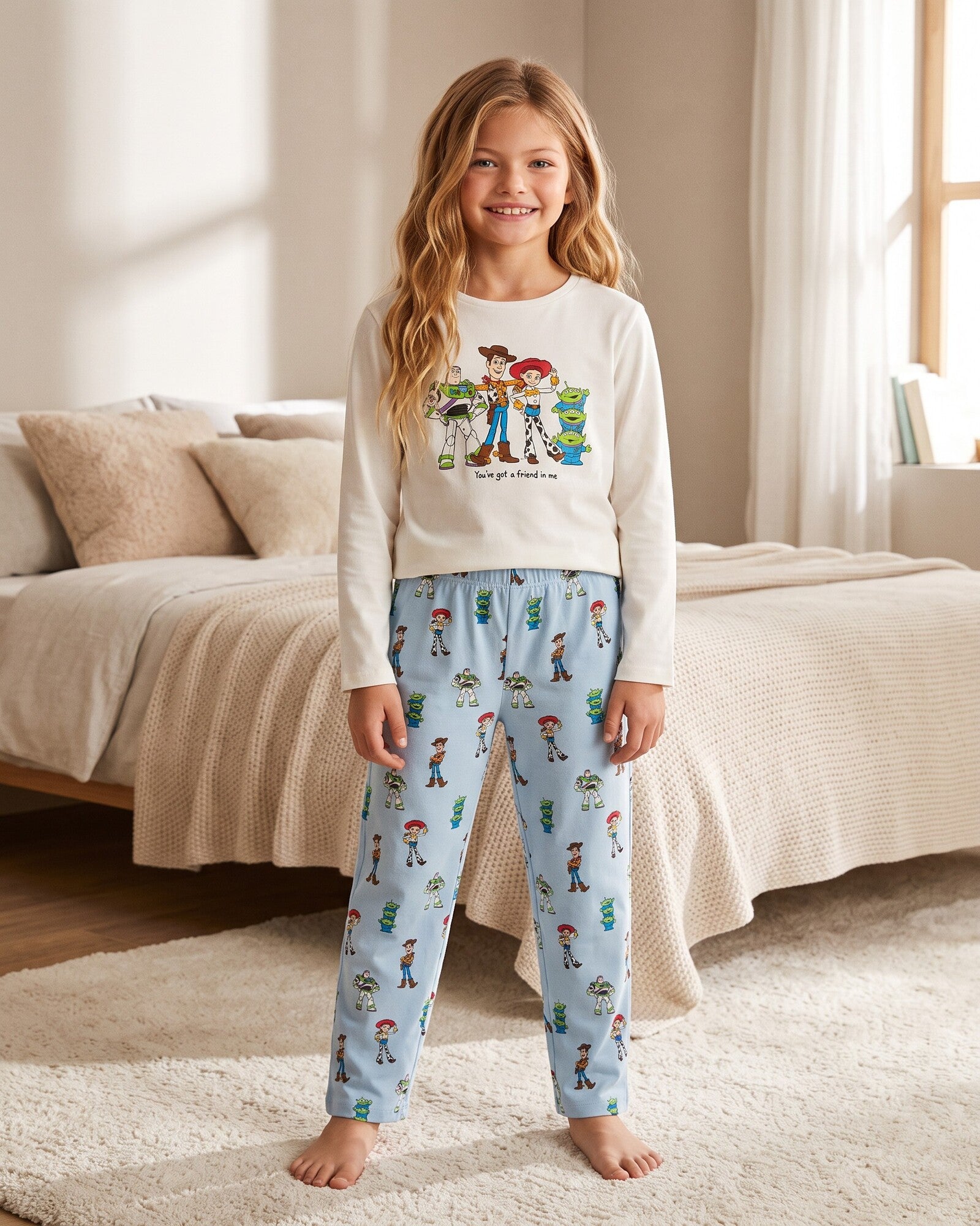 Pigiama bambina Toy Story 64892 indossato, con maglia bianco sporco e pantaloni azzurri stampati con i personaggi.