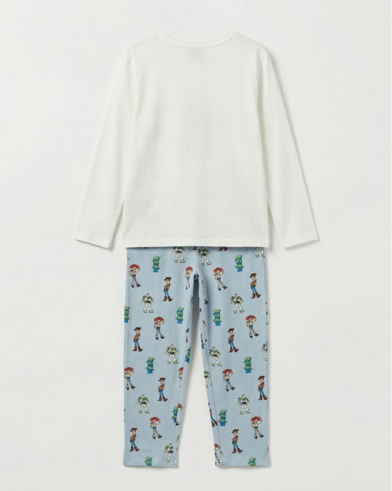 Vista posteriore del pigiama Toy Story 64892, con maglia chiara tinta unita e pantaloni azzurri stampati a fondo dritto.