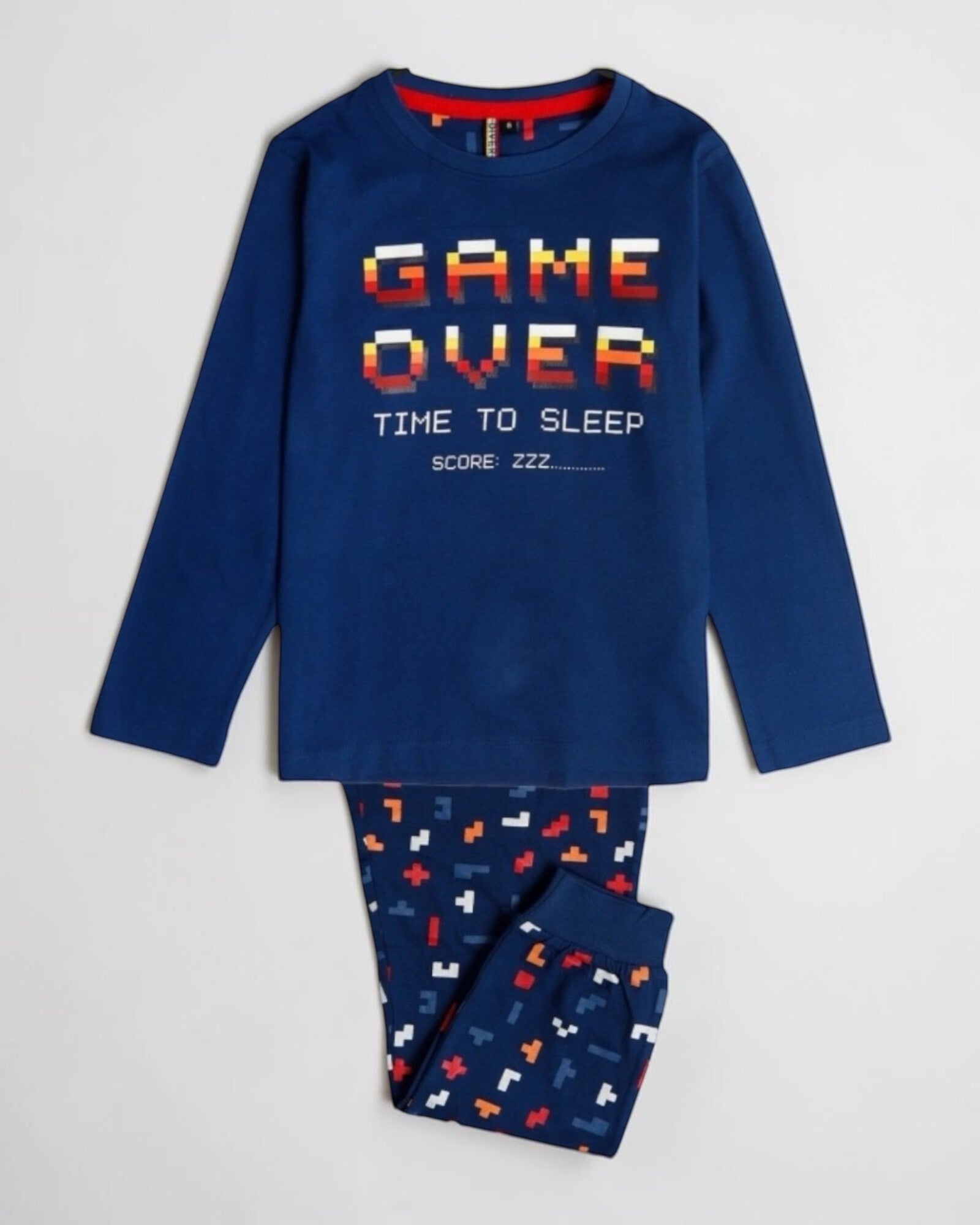 Pigiama bambino Admas blu con maglia Game Over Time to Sleep e pantaloni lunghi stampati con polsini