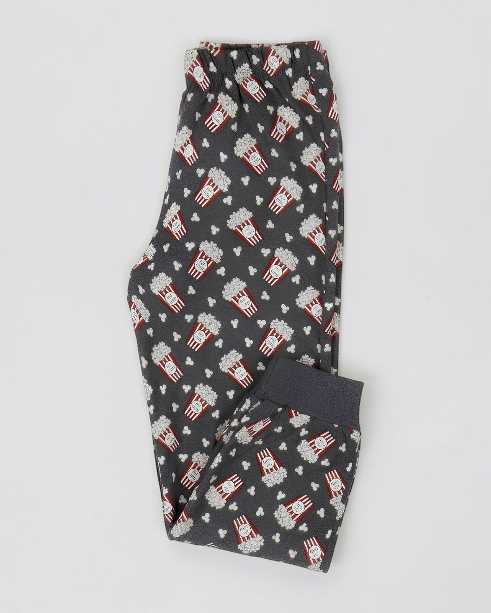 Pantaloni grigio antracite con vita elasticizzata, polsini e fantasia di popcorn e contenitori a righe rosse e bianche