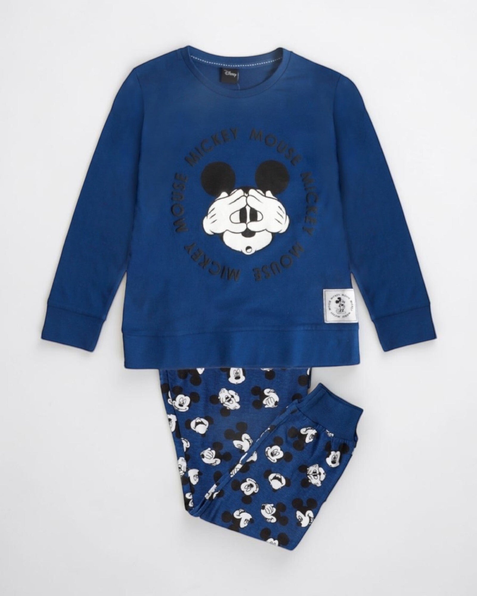 Pigiama bambino Disney blu con maglia girocollo a maniche lunghe e pantaloni con fantasia dei volti di Topolino