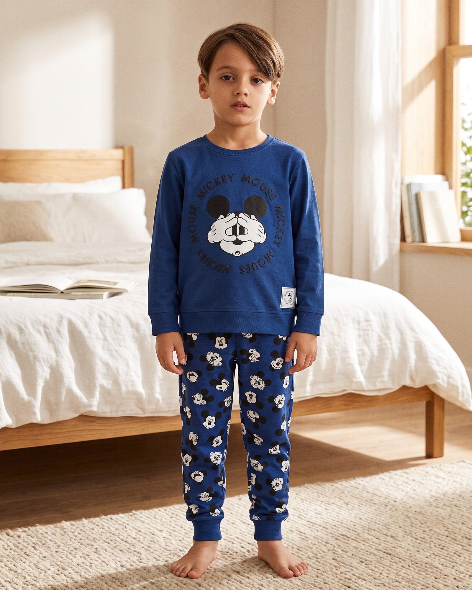 Bambino con pigiama Disney blu, maglia con Topolino e pantaloni stampati Mickey Mouse con polsini alle caviglie