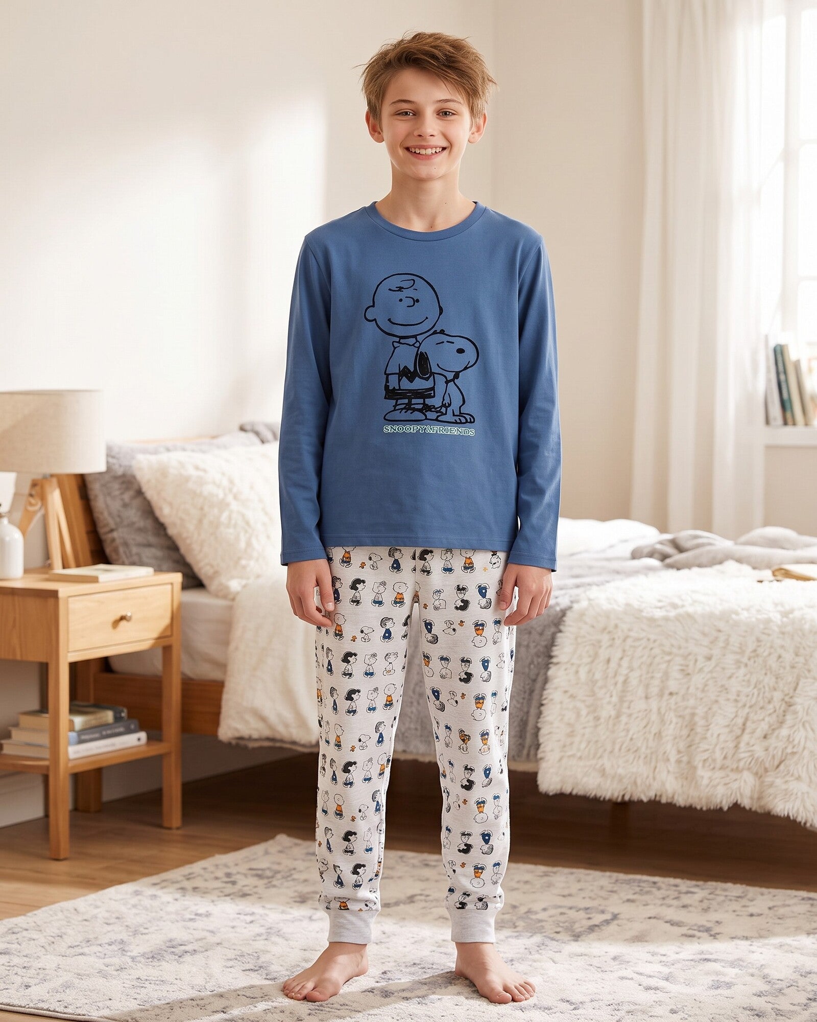 Bambino con pigiama Snoopy composto da maglia blu con Charlie Brown e pantaloni grigio chiaro stampati Peanuts