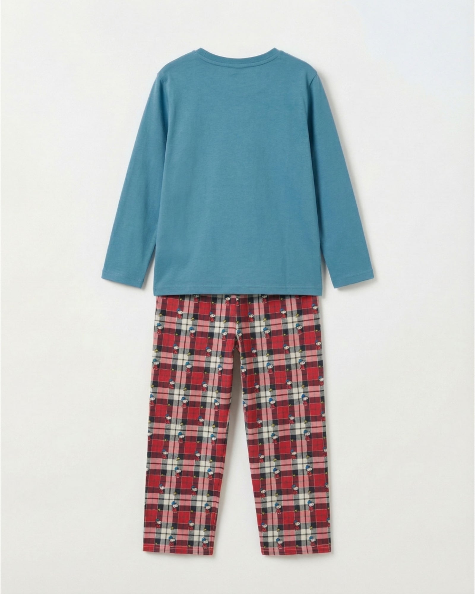 Vista posteriore pigiama bambino Peanuts 64035 con maglia Oceano e pantaloni tartan