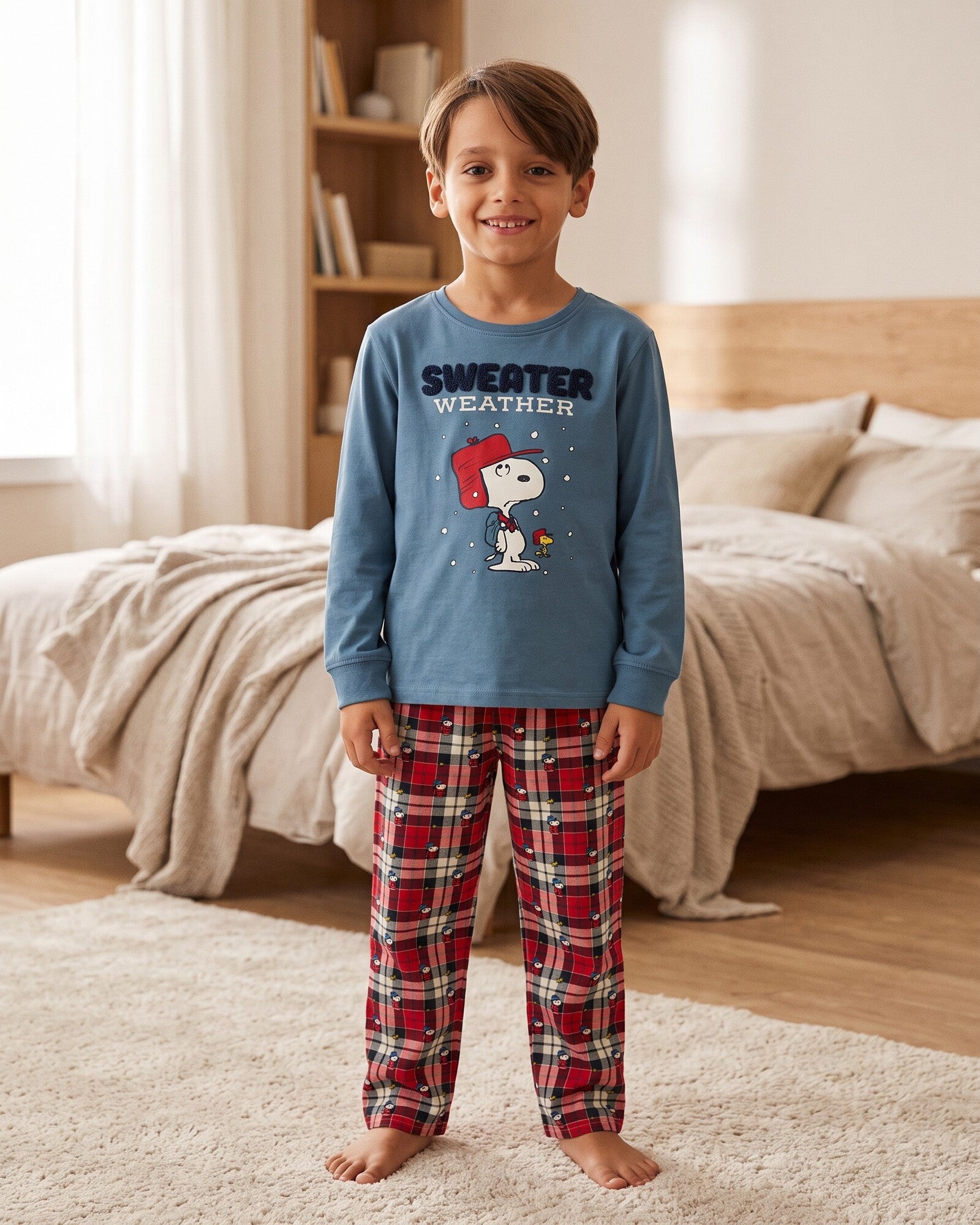 Pigiama bambino Peanuts Snoopy Art. 64035 in cotone color Oceano con pantaloni tartan
