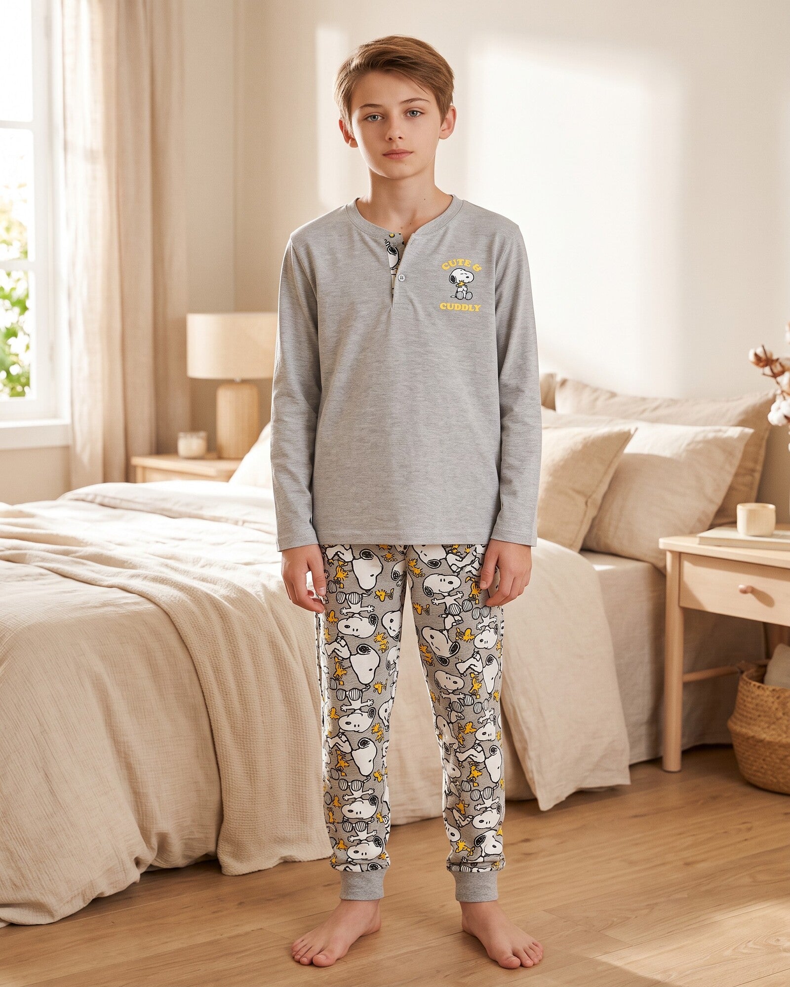 Bambino con pigiama Snoopy grigio mélange, maglia a maniche lunghe Cute & Cuddly e pantaloni con fantasia Snoopy e Woodstock