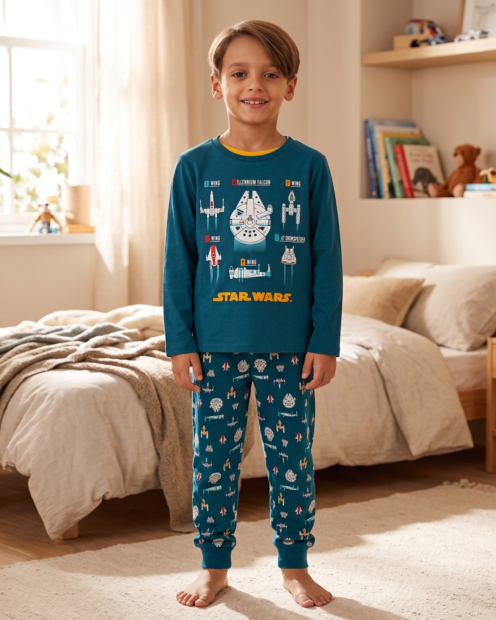 Bambino con pigiama Star Wars blu oceano, maglia con astronavi e pantaloni coordinati stampati con polsini