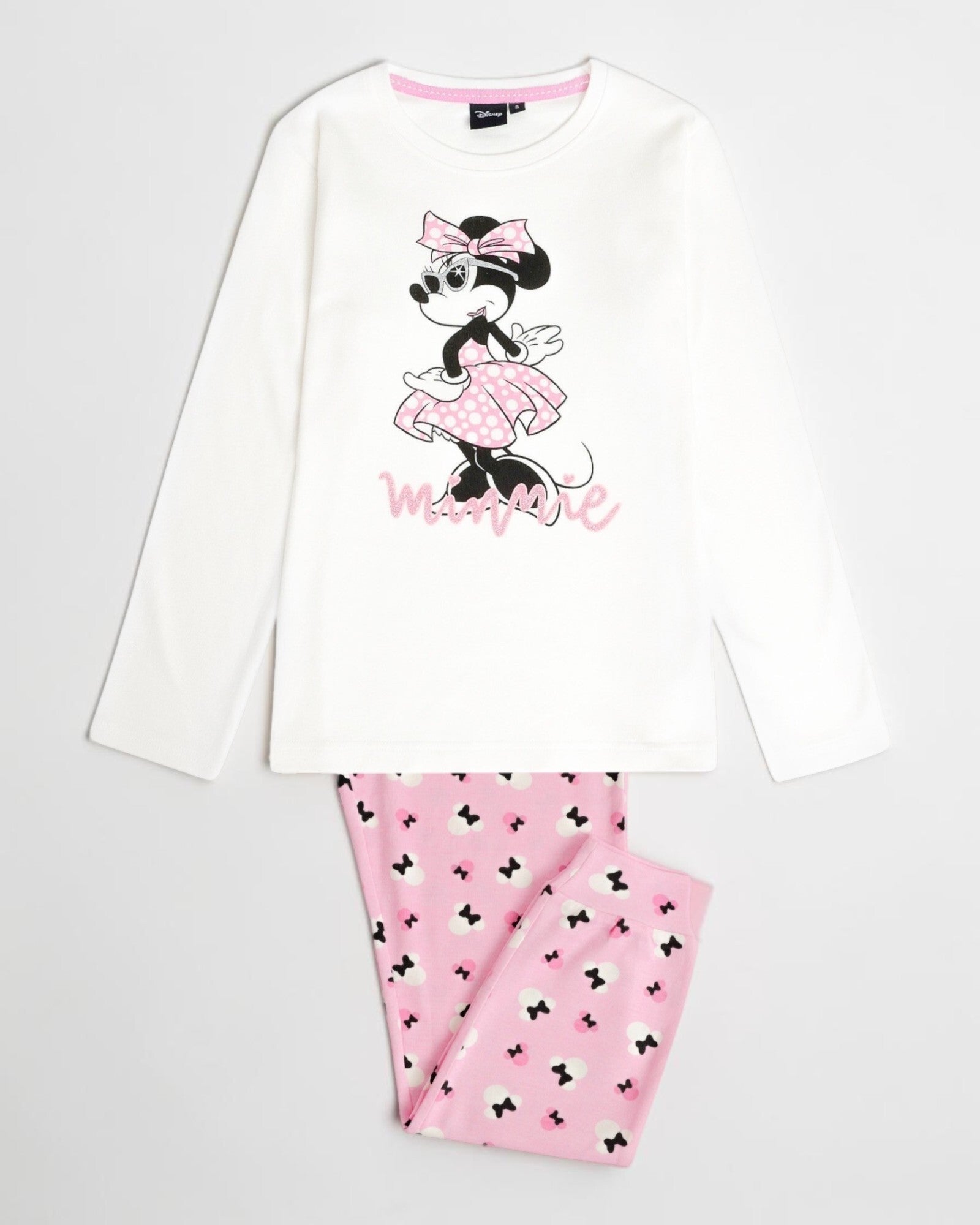 Pigiama Disney Minnie 62266 completo con maglia crudo e pantalone rosa stampato