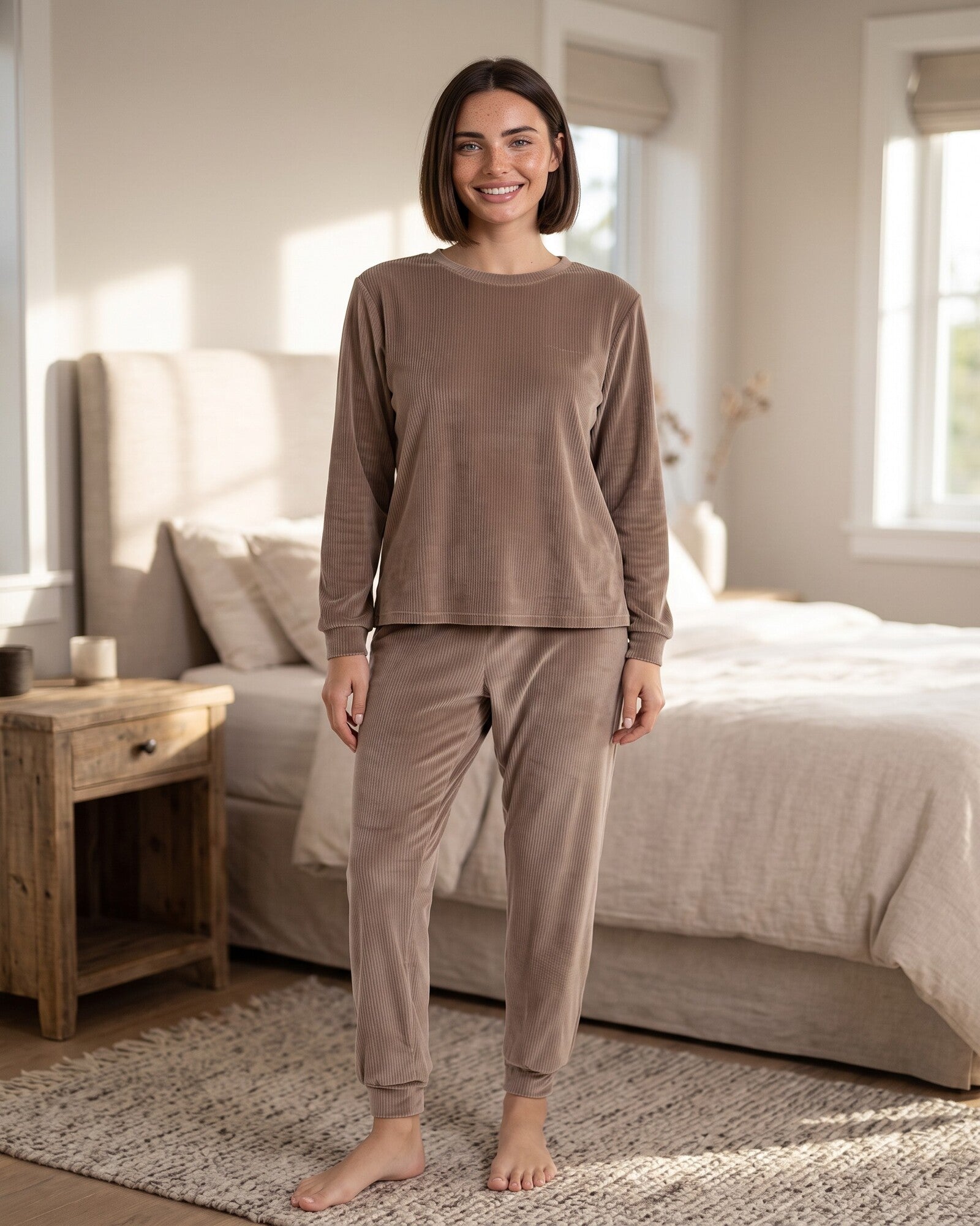 Pigiama donna Admas Art. 62626 in velluto a coste cioccolato con pantalone lungo e polsini