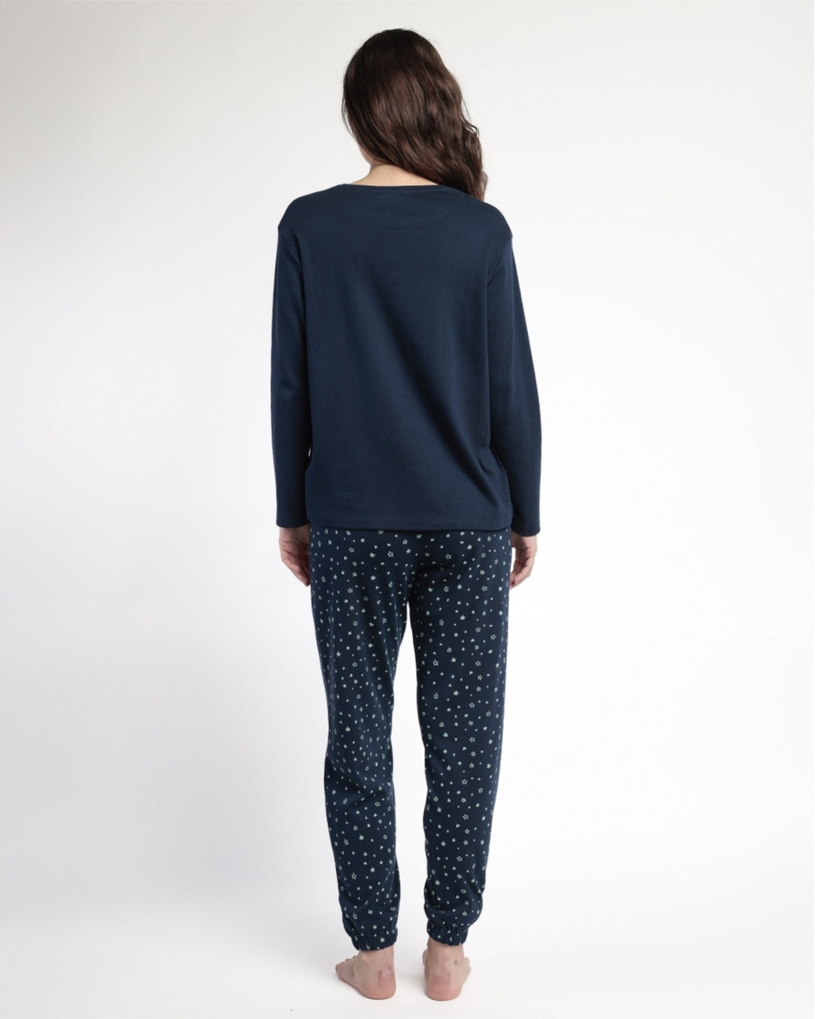 Vista posteriore pigiama donna Admas Art. 63593 in cotone blu navy con pantaloni stellati