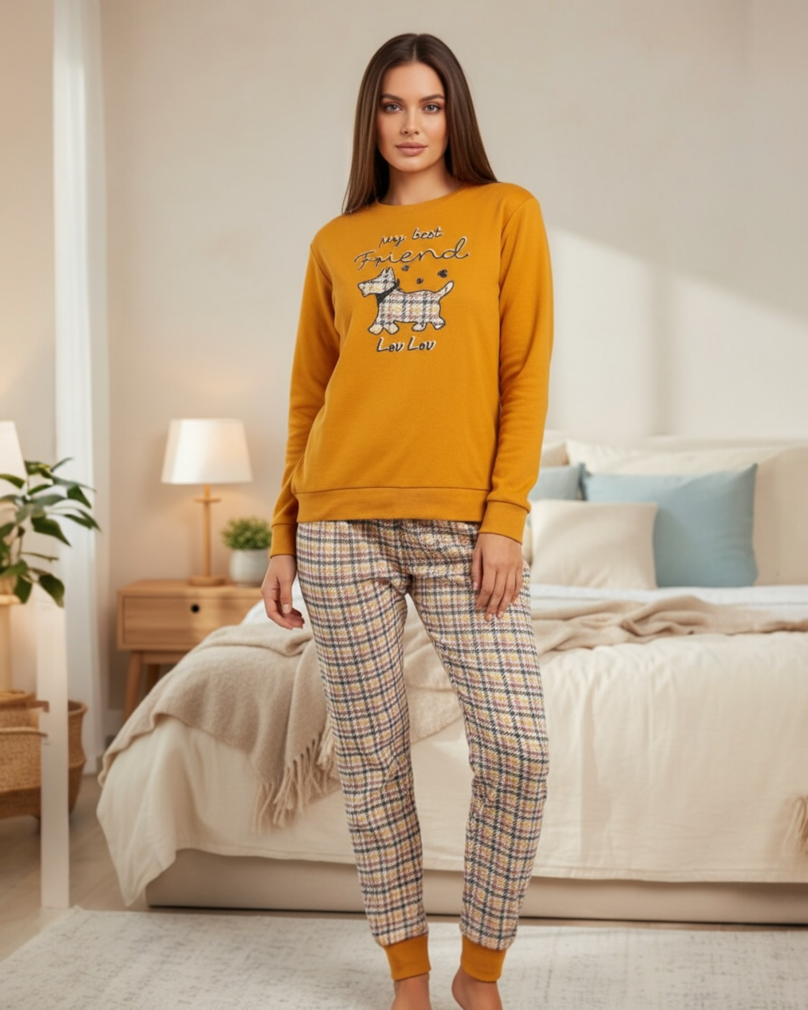 Pigiama donna Admas Art. 63633 in caldo cotone senape con pantalone pied-de-poule Lou Lou