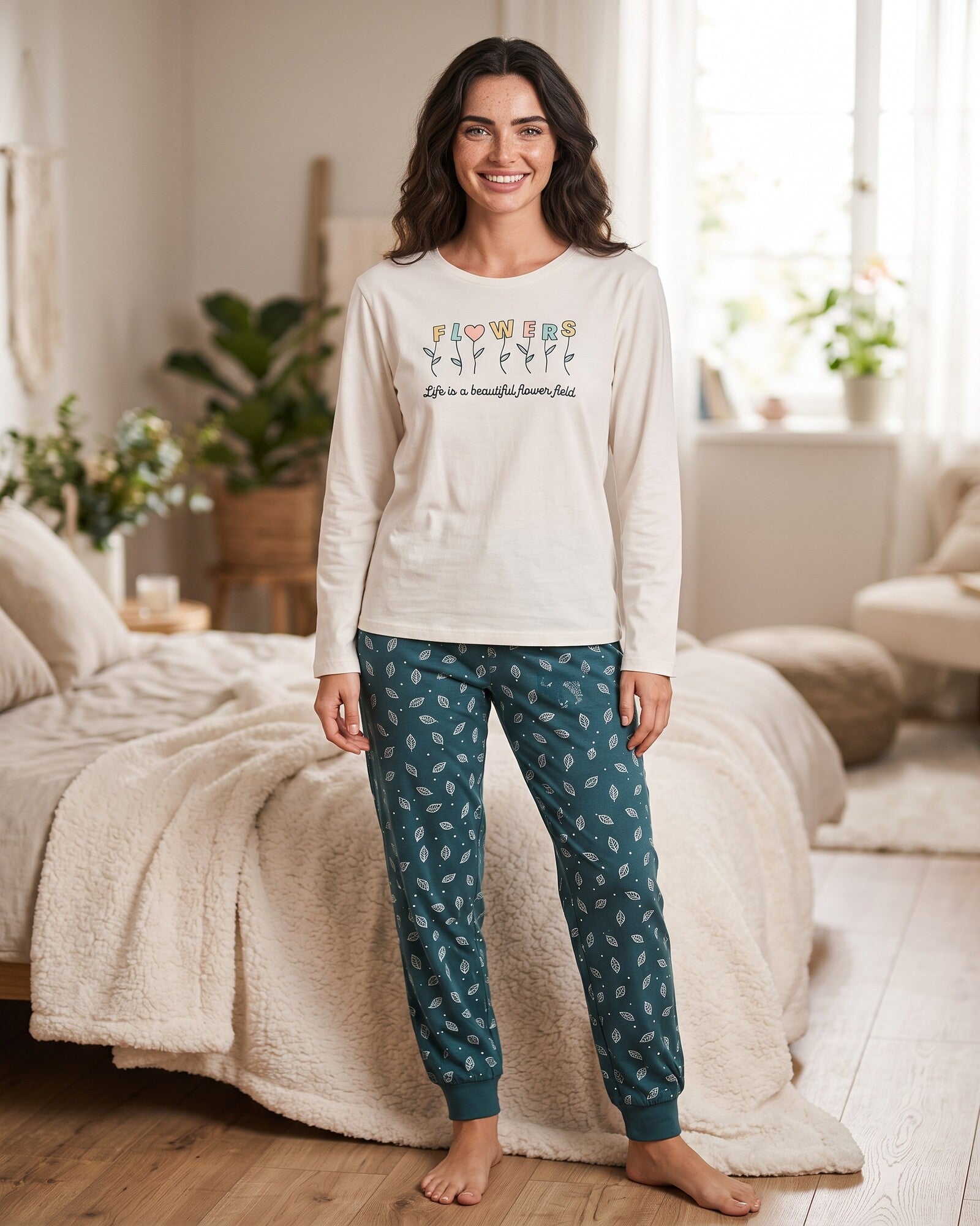 Pigiama donna Admas Flowers in caldo cotone e viscosa Art. 60206 ecru e verde