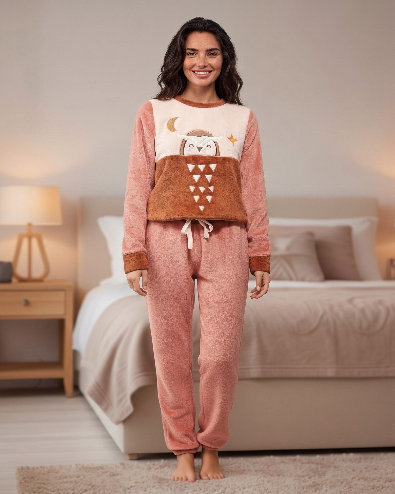 Pigiama donna invernale Gisela Art. 20206 in coral fleece rosa con gufo applicato