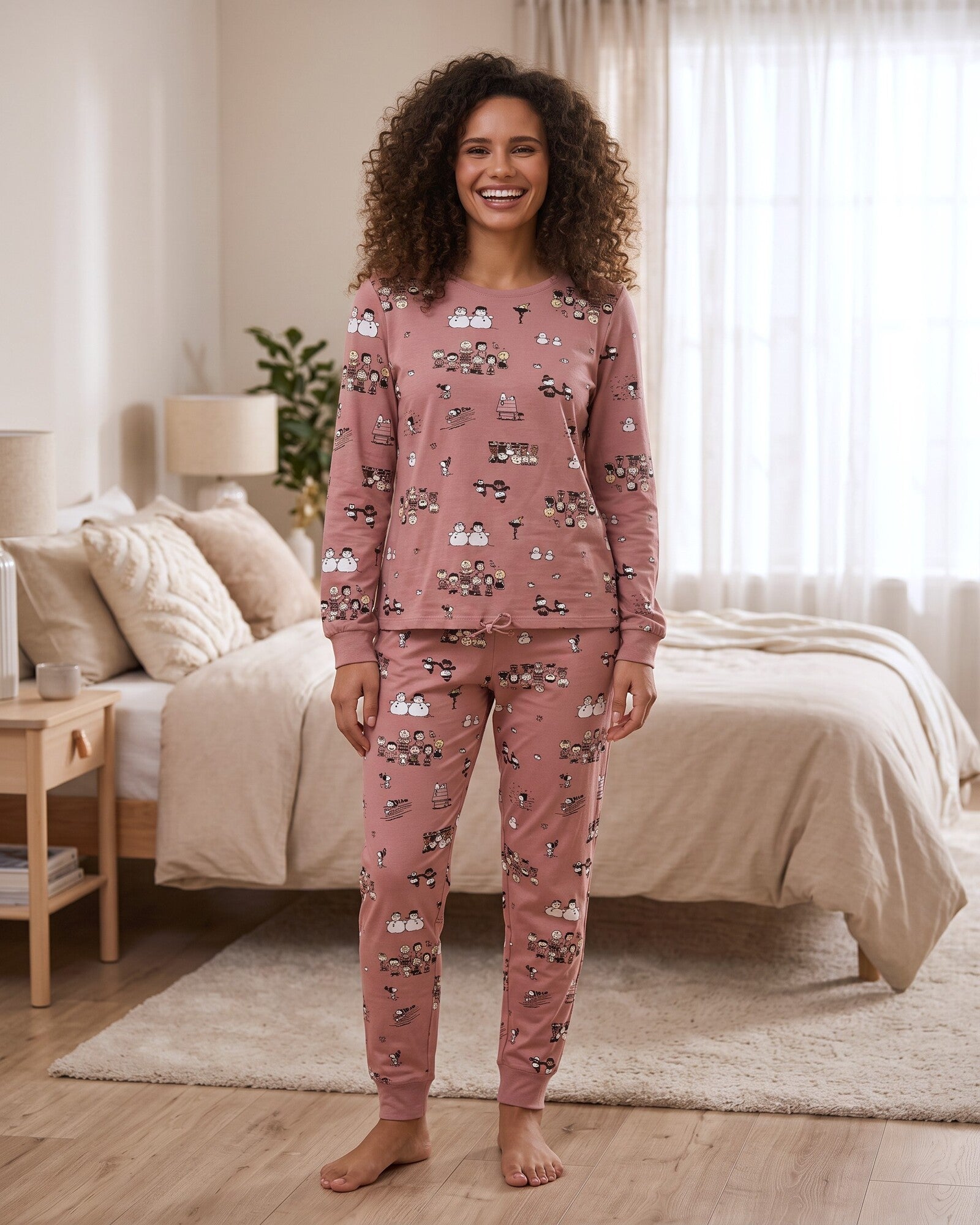 Pigiama donna Gisela Snoopy 20456 rosa in cotone elasticizzato con fantasia Peanuts