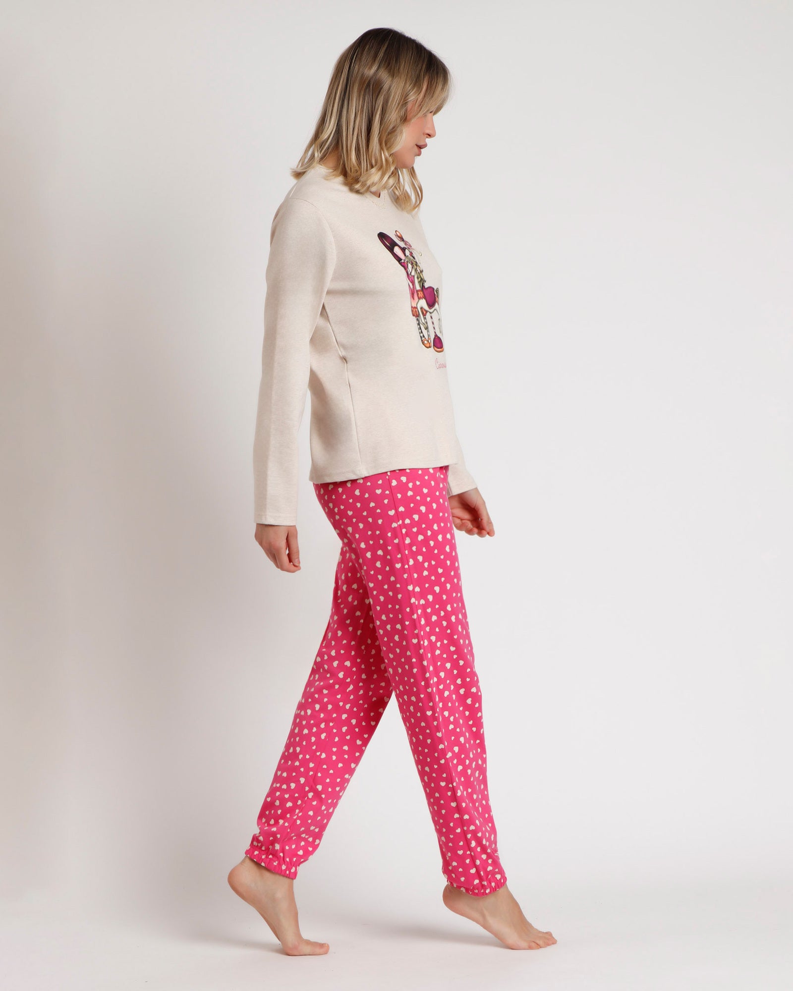 Pigiama donna Santoro Gorjuss Carousel con pantalone fucsia a cuori Art. 62384