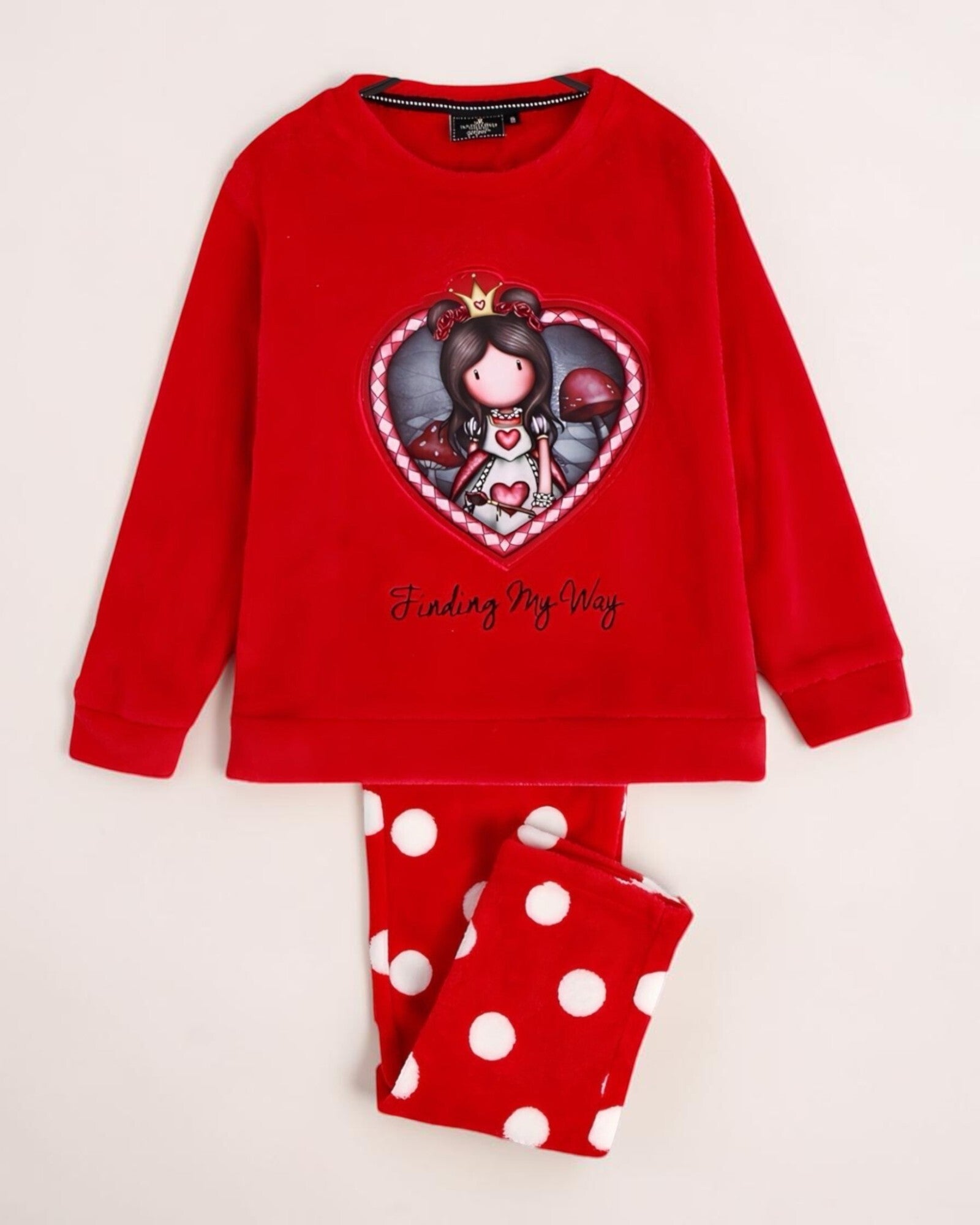 Pigiama Santoro Gorjuss 56618 Finding My Way in coral fleece rosso con pantalone a pois