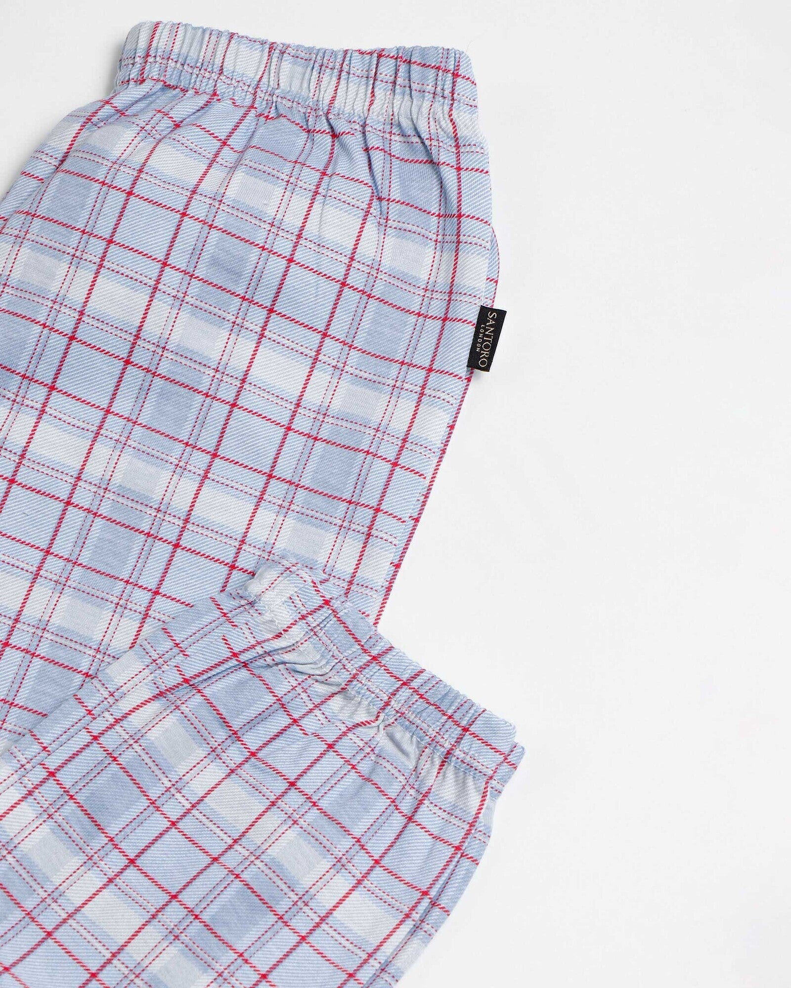 Dettaglio pantalone scozzese celeste bianco e rosso del pigiama bambina Santoro Gorjuss 56621