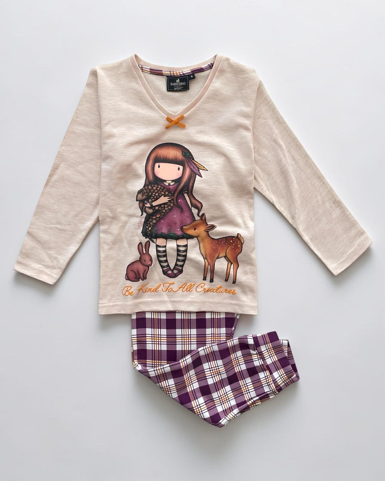 Pigiama Santoro Gorjuss 63409 Be Kind to All Creatures con maglia rosa e pantalone scozzese