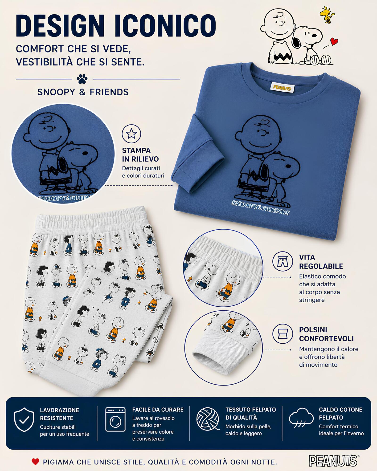 Pigiama Snoopy uomo Peanuts con stampa in rilievo, vita regolabile e pantaloni con polsini