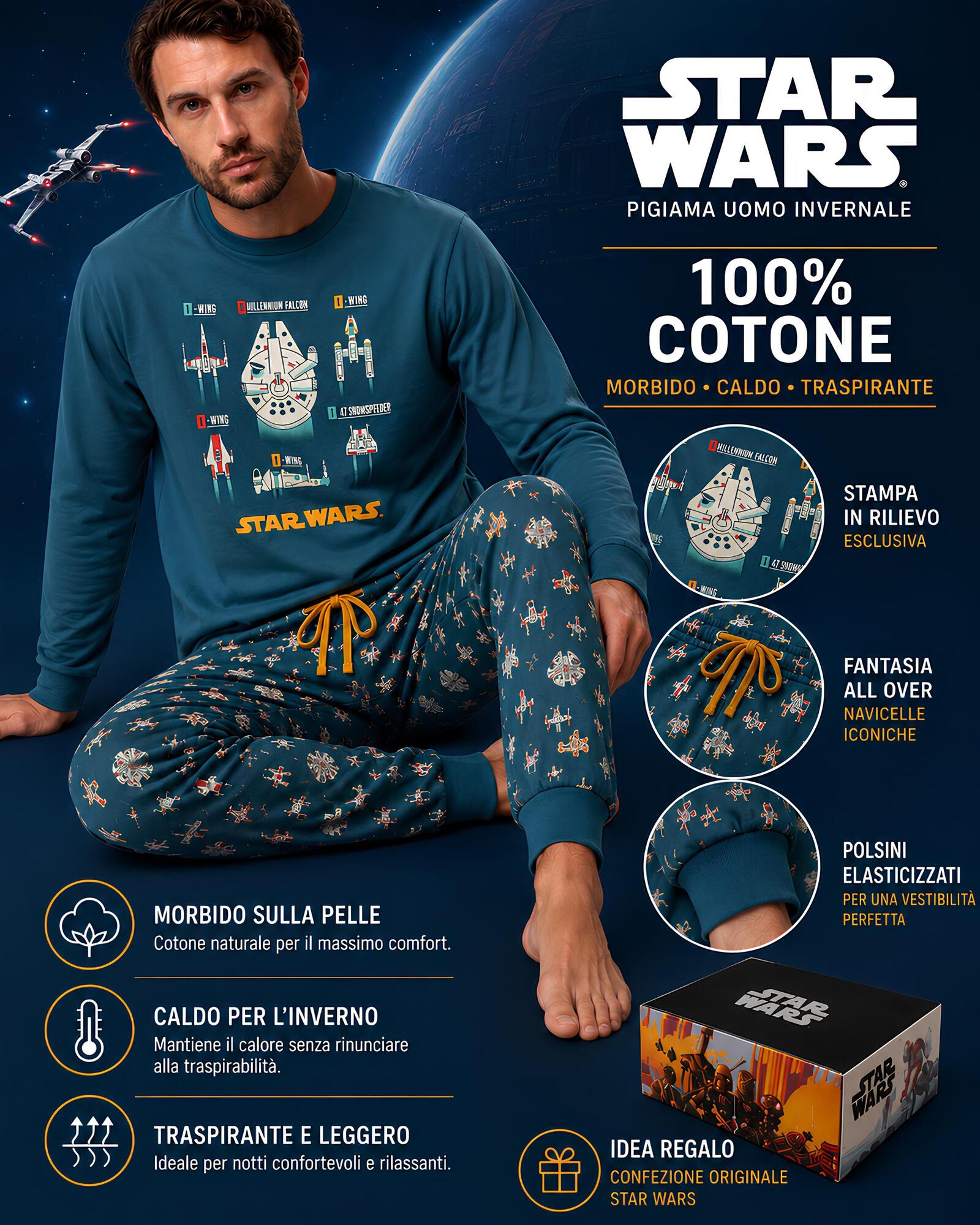 Pigiama Star Wars uomo in 100% cotone con stampa in rilievo, pantaloni fantasia e polsini elasticizzati