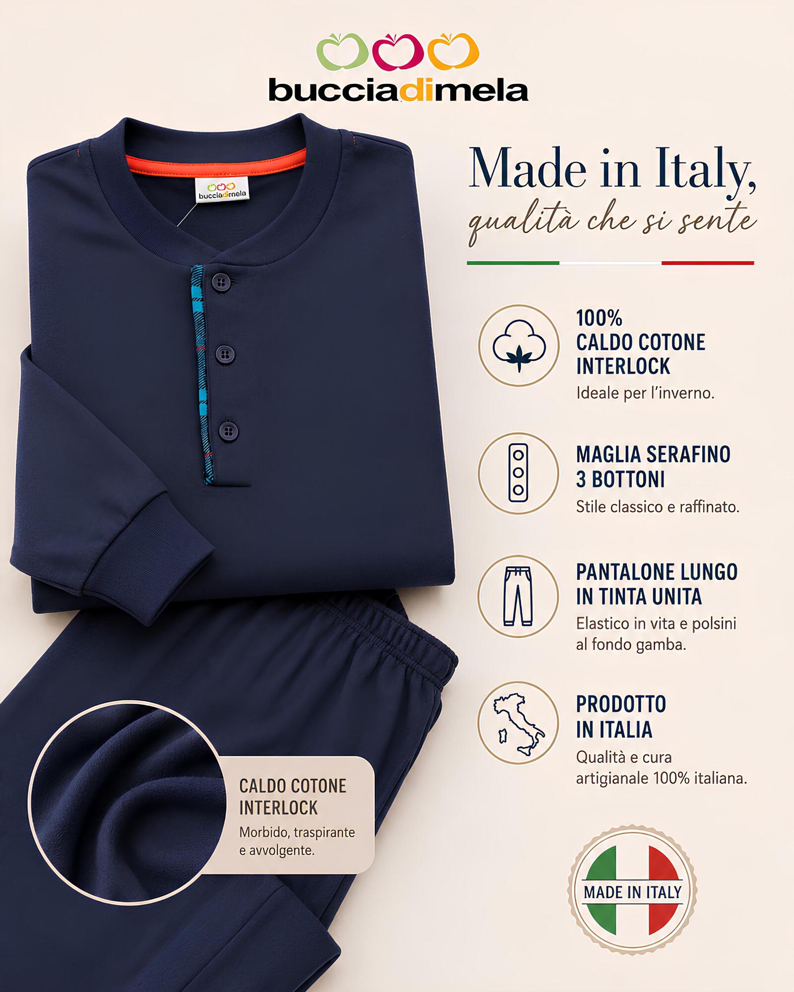 Pigiama uomo Buccia di Mela I8851BM in 100% caldo cotone interlock Made in Italy