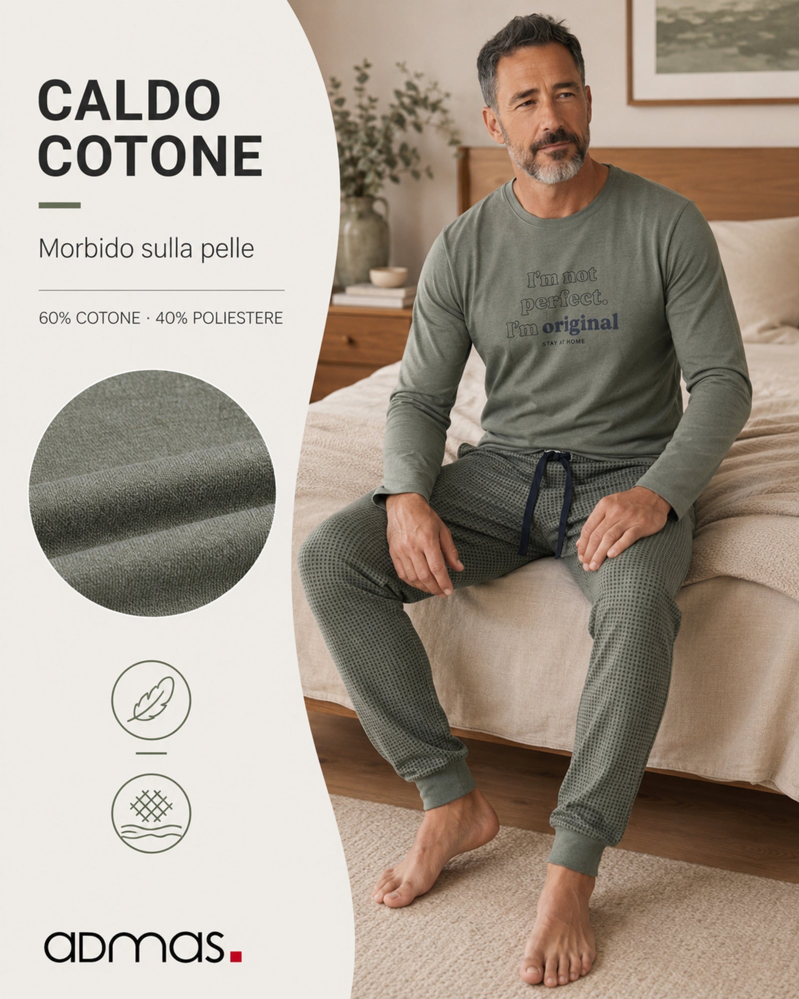 Pigiama uomo Admas 56571 kaki in caldo cotone composto da 60% cotone e 40% poliestere
