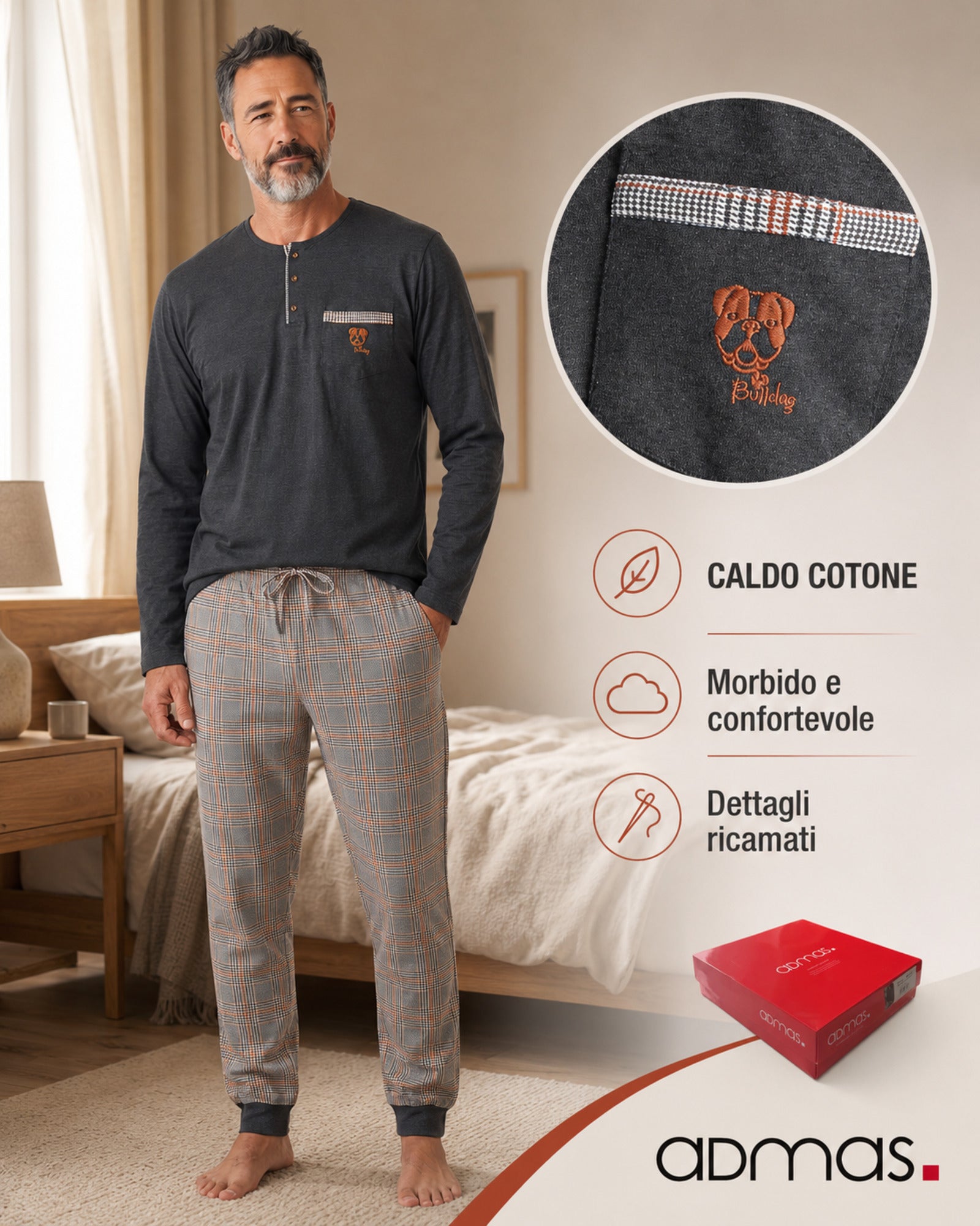 Pigiama uomo Admas 60312 in caldo cotone con taschino e dettagli ricamati