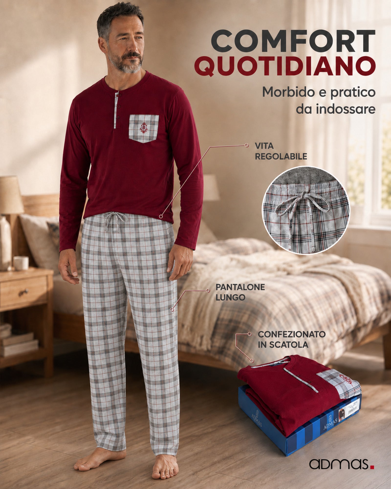 Pigiama Admas 60319 granata con pantalone lungo a quadri senza tasche e vita regolabile