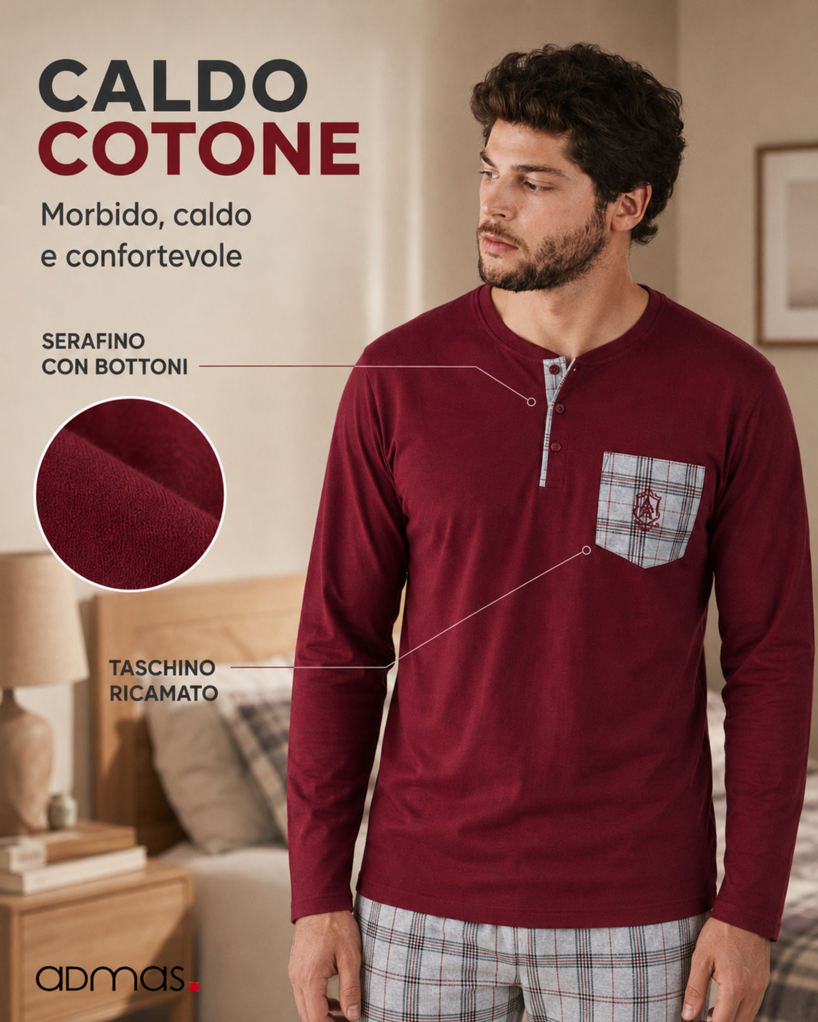 Maglia serafino granata del pigiama Admas 60319 con bottoni e taschino ricamato