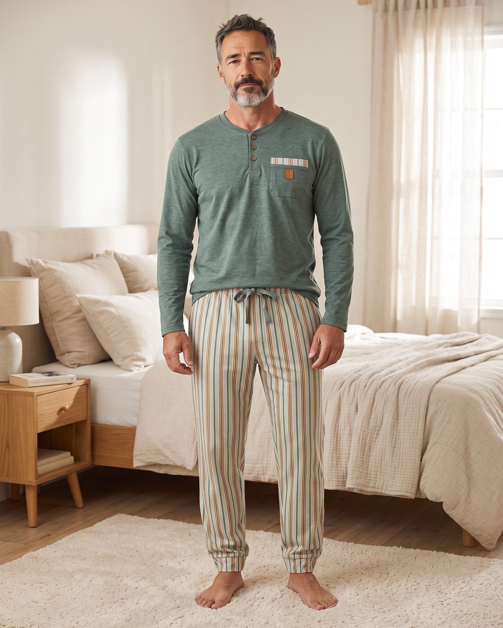 Pigiama uomo Admas 64806 in caldo cotone verde con pantaloni a righe multicolor