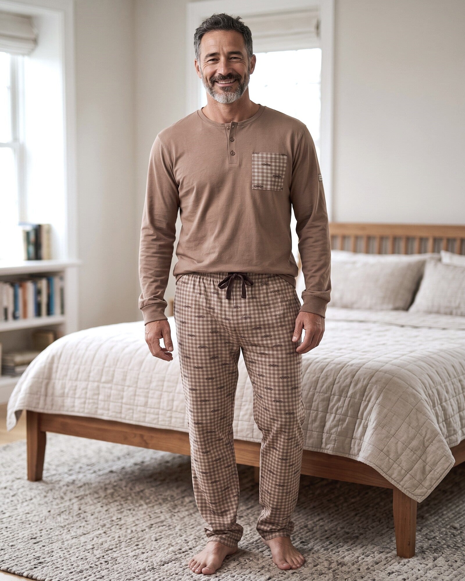 Pigiama uomo Admas 64818 in caldo cotone marrone con pantaloni a quadri