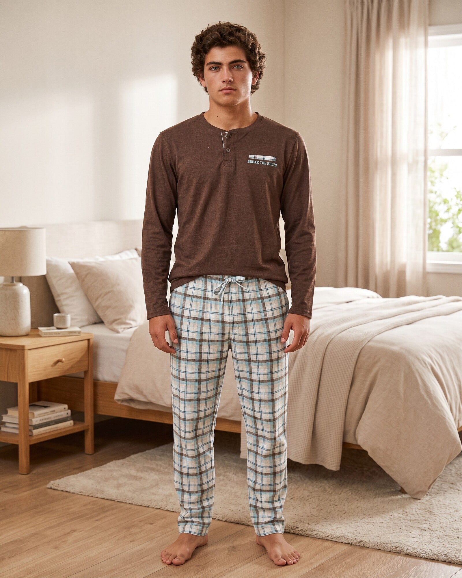 Pigiama uomo Admas 64845 in caldo cotone marrone con pantaloni a quadri